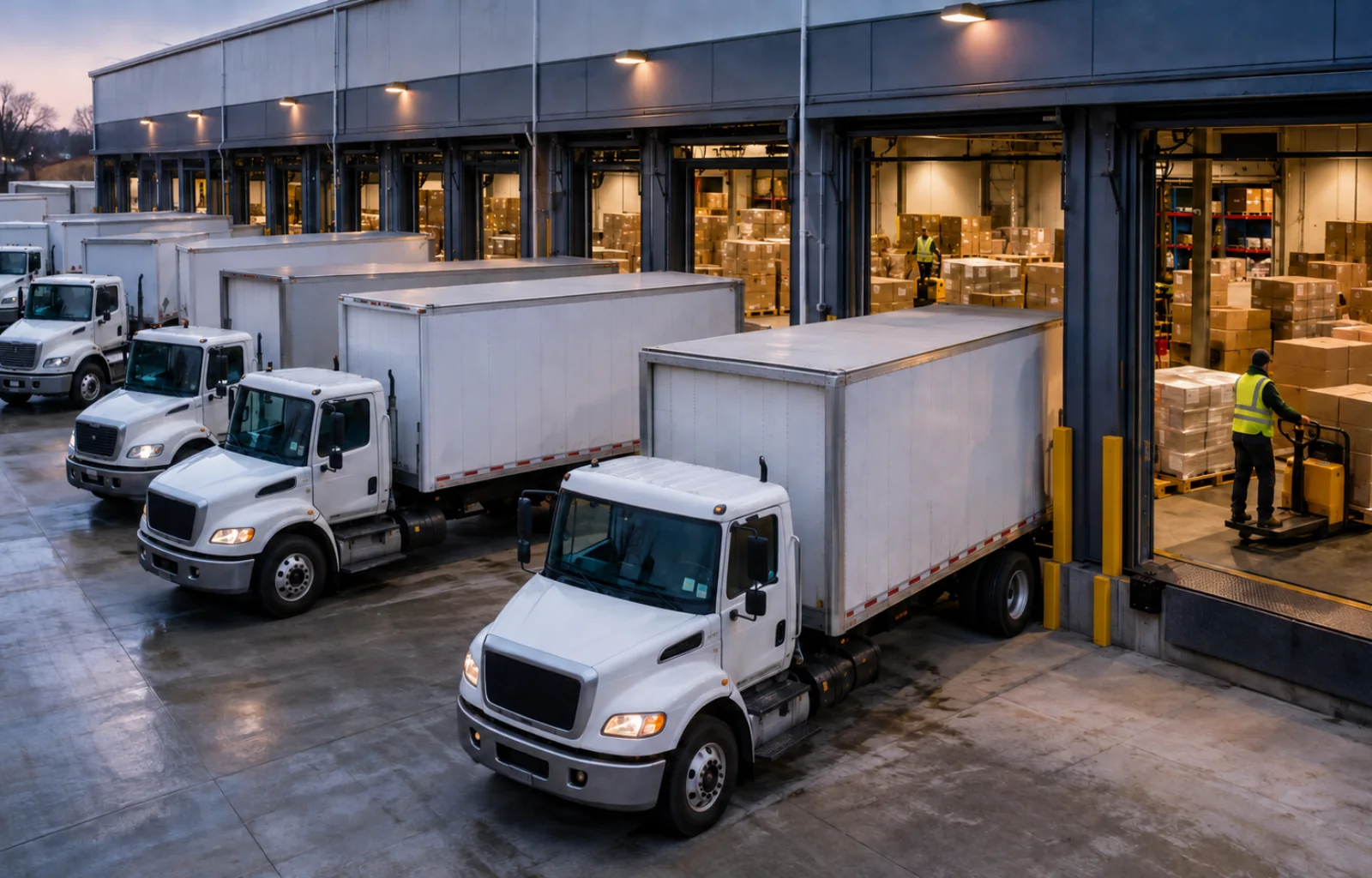 Unbranded day-cab tractors and short trailers line a cross-dock while workers move mixed palletized freight under early morning lights.