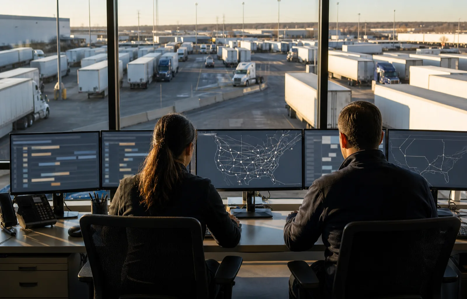Two logistics planners review abstract capacity and route displays above a large yard of unbranded tractors and dry-van trailers.
