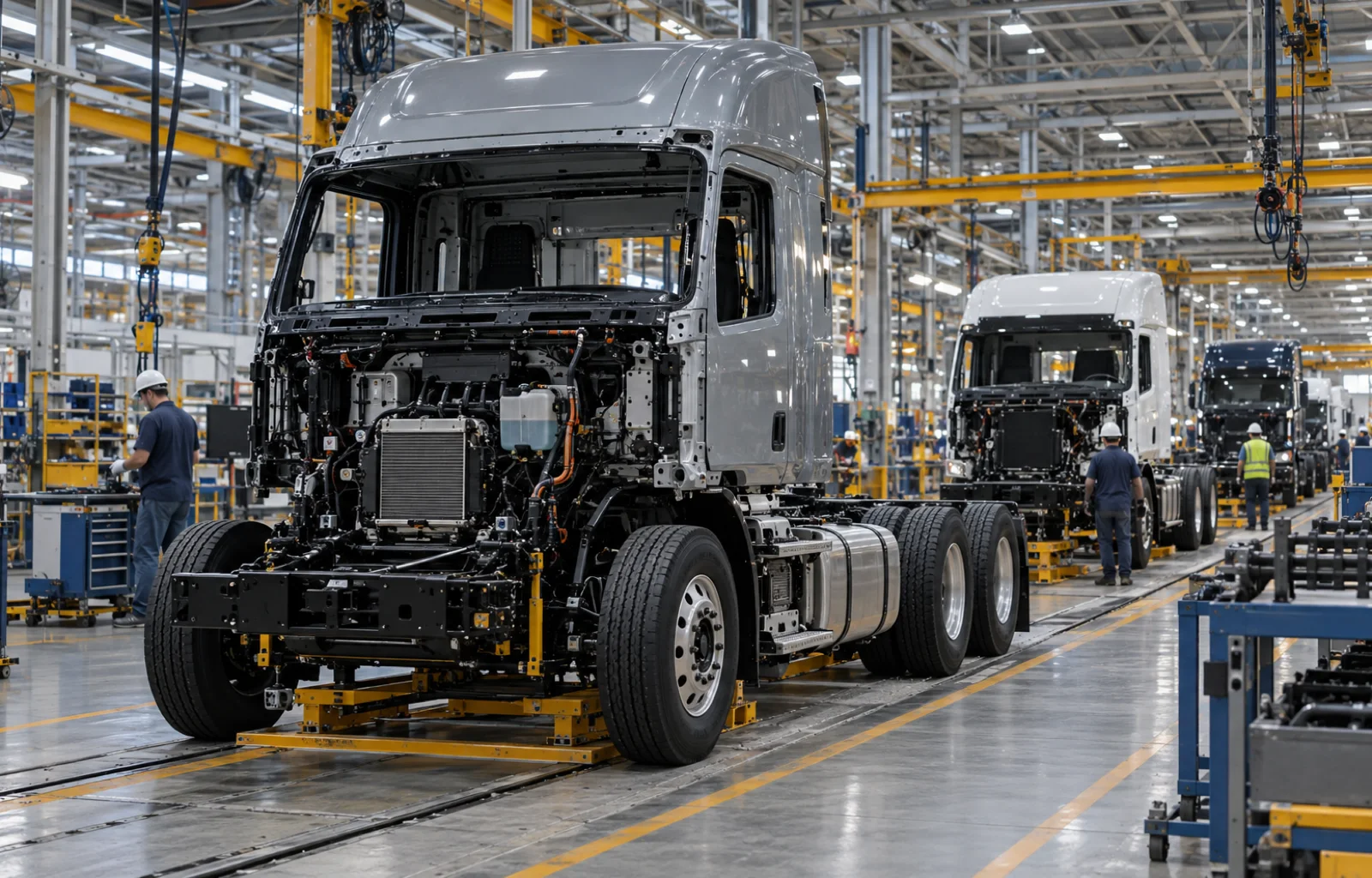 Illustrative view of unbranded, unfinished heavy truck cabs and chassis on a factory assembly line with workers nearby.