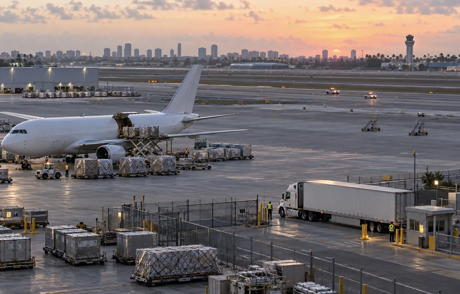 An unbranded cargo aircraft is worked at a large subtropical airport while a tractor-trailer waits at the secure freight handoff gate.