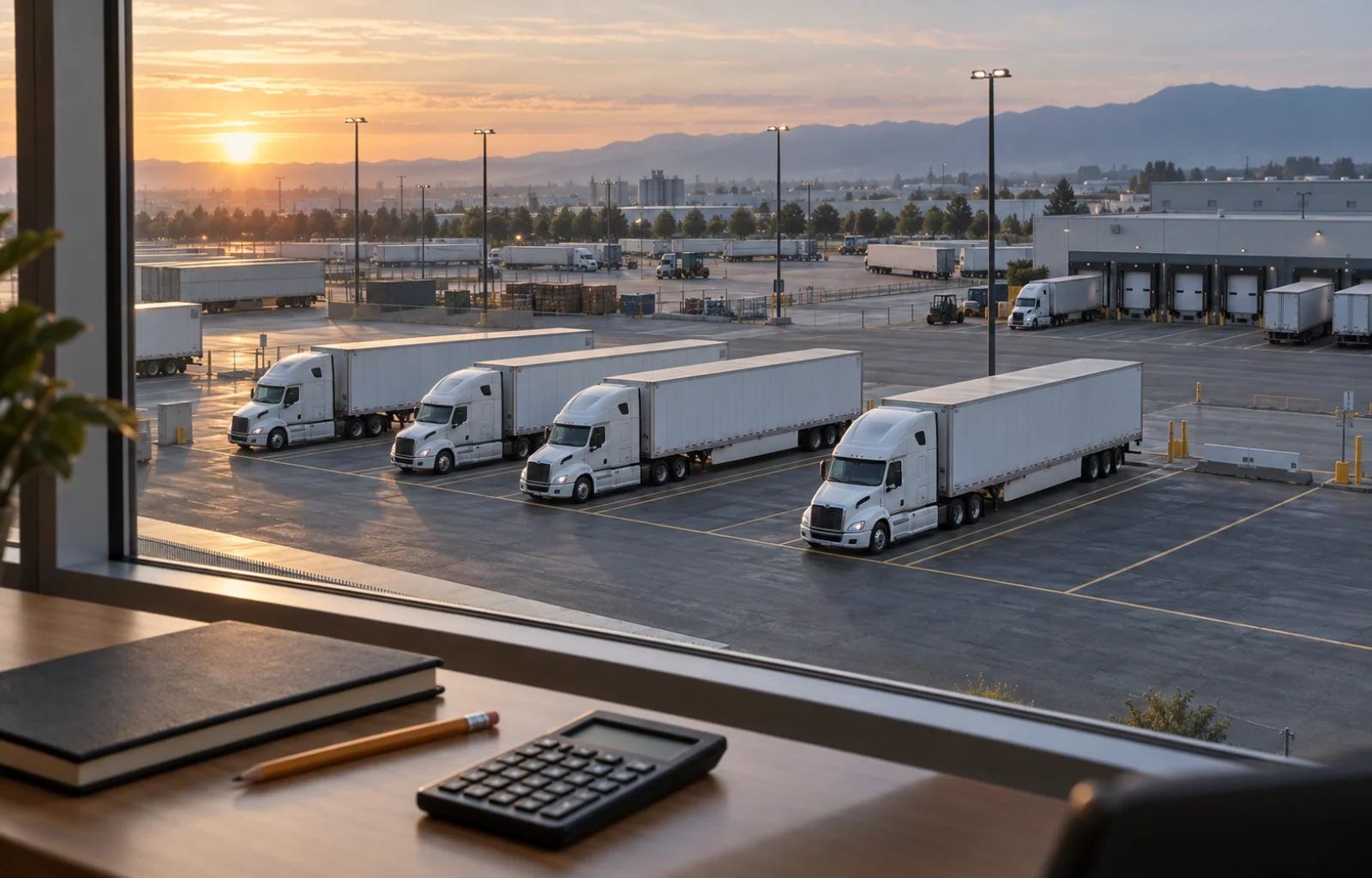 Unbranded tractor trailers stand in a freight staging yard beyond an office desk with a notebook and calculator; an editorial illustration.