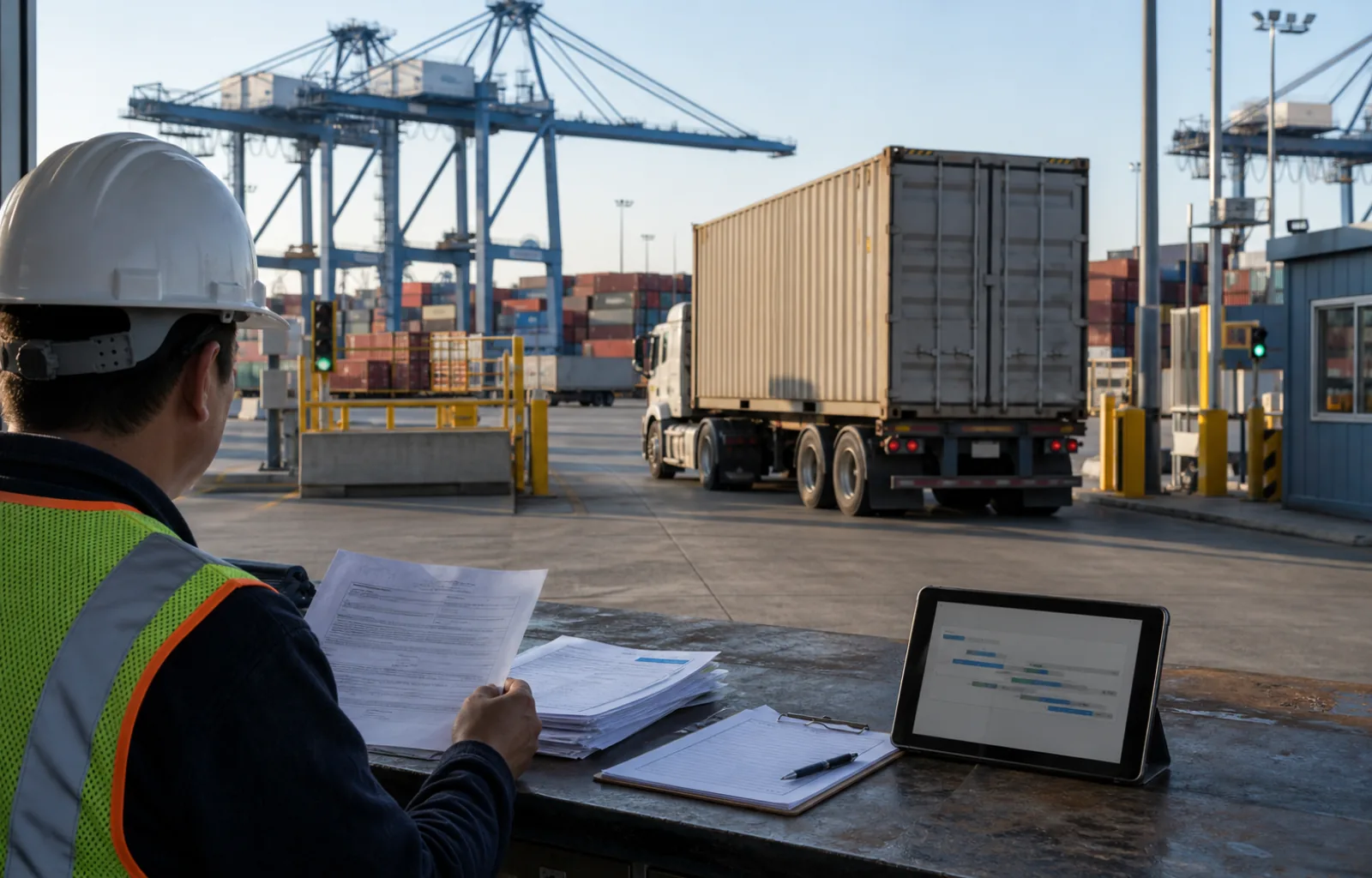 A port logistics worker reviews shipping documents and a timeline beside an unbranded drayage truck entering a marine container terminal.