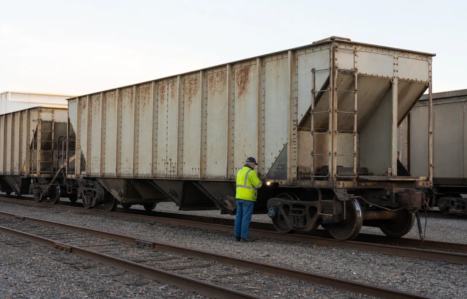 A rail mechanical inspector examines the underframe and wheel area of a weathered covered hopper freight car in a maintenance yard.