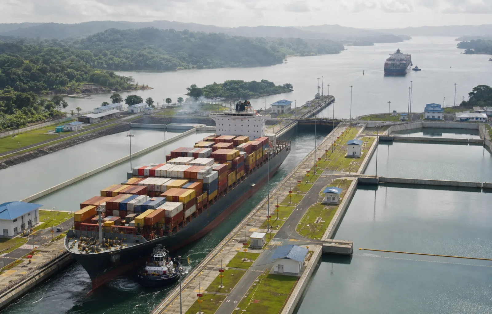 An unbranded container ship passes through a tropical canal lock while a second vessel waits beyond the chamber.