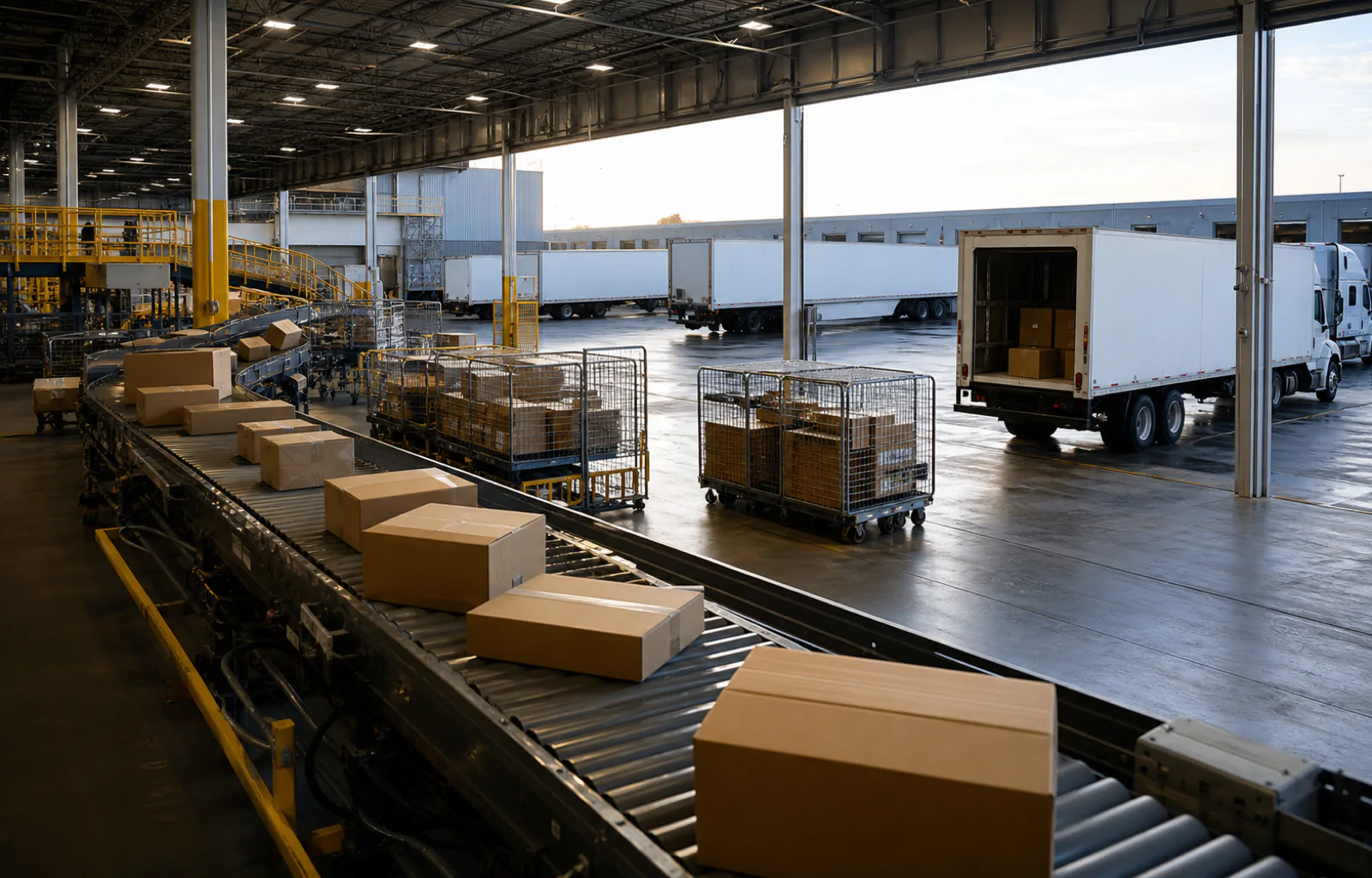 Unbranded parcels move through conveyors and rolling cages toward plain delivery vans and linehaul trailers at a large distribution hub.