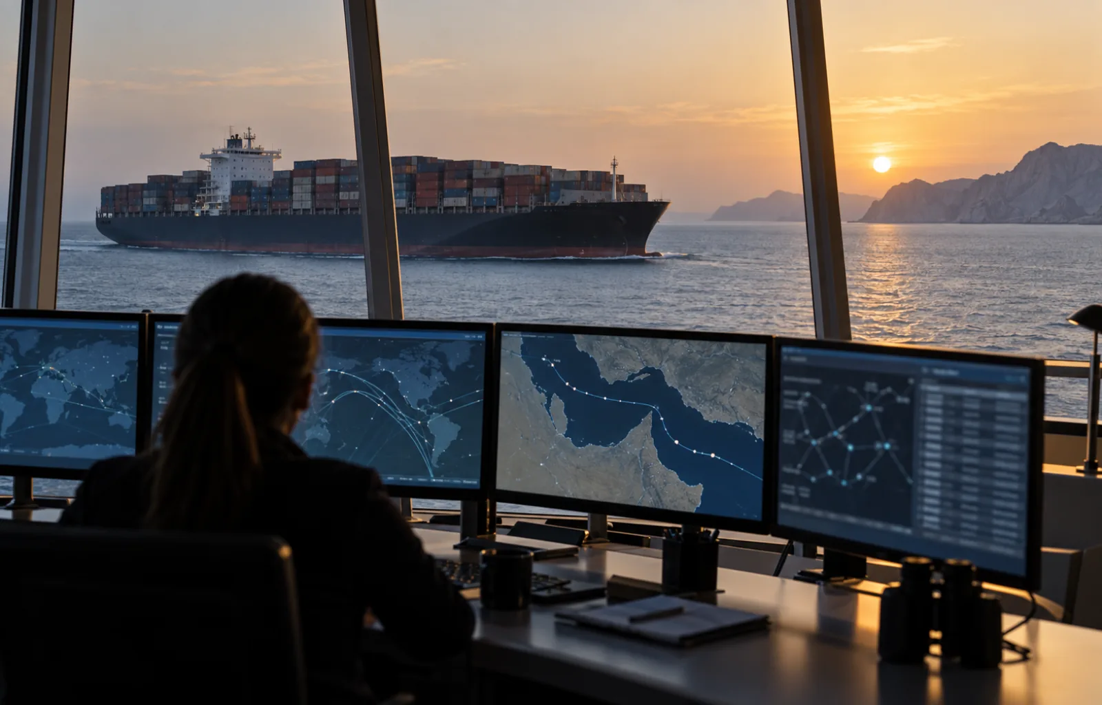 A planner monitors abstract voyage routes as an unbranded container ship transits Gulf waters near a mountainous coast.