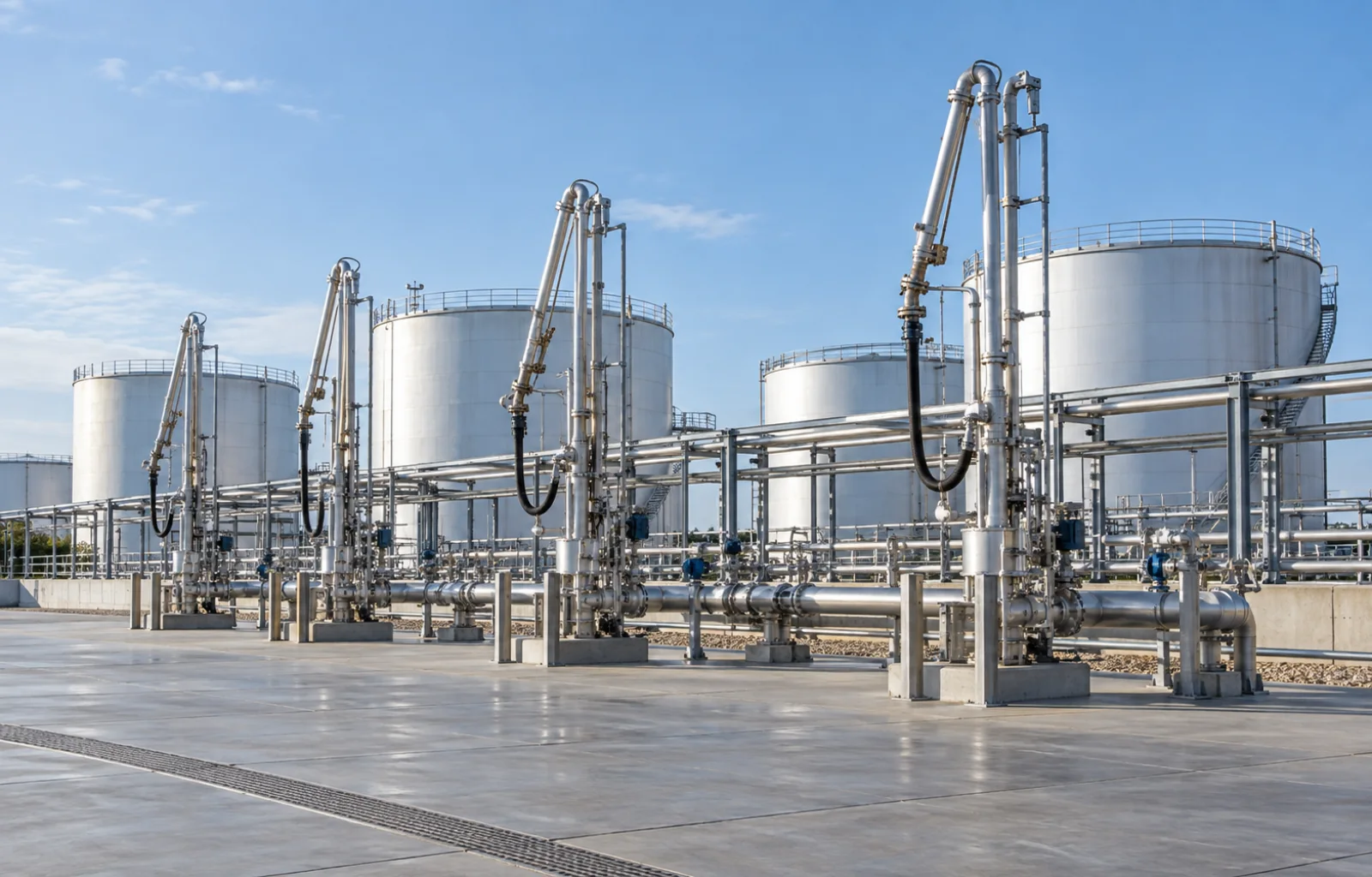 Illustrative bulk-liquid terminal with silver pipes, loading arms and plain cylindrical storage tanks beside an empty paved loading apron.