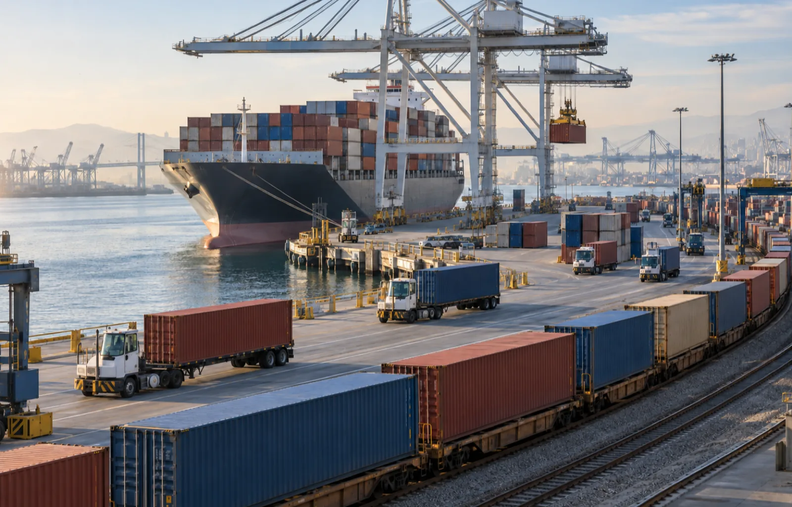 Blank containers move by ship, intermodal rail and unbranded drayage trucks through an active U.S. port terminal.