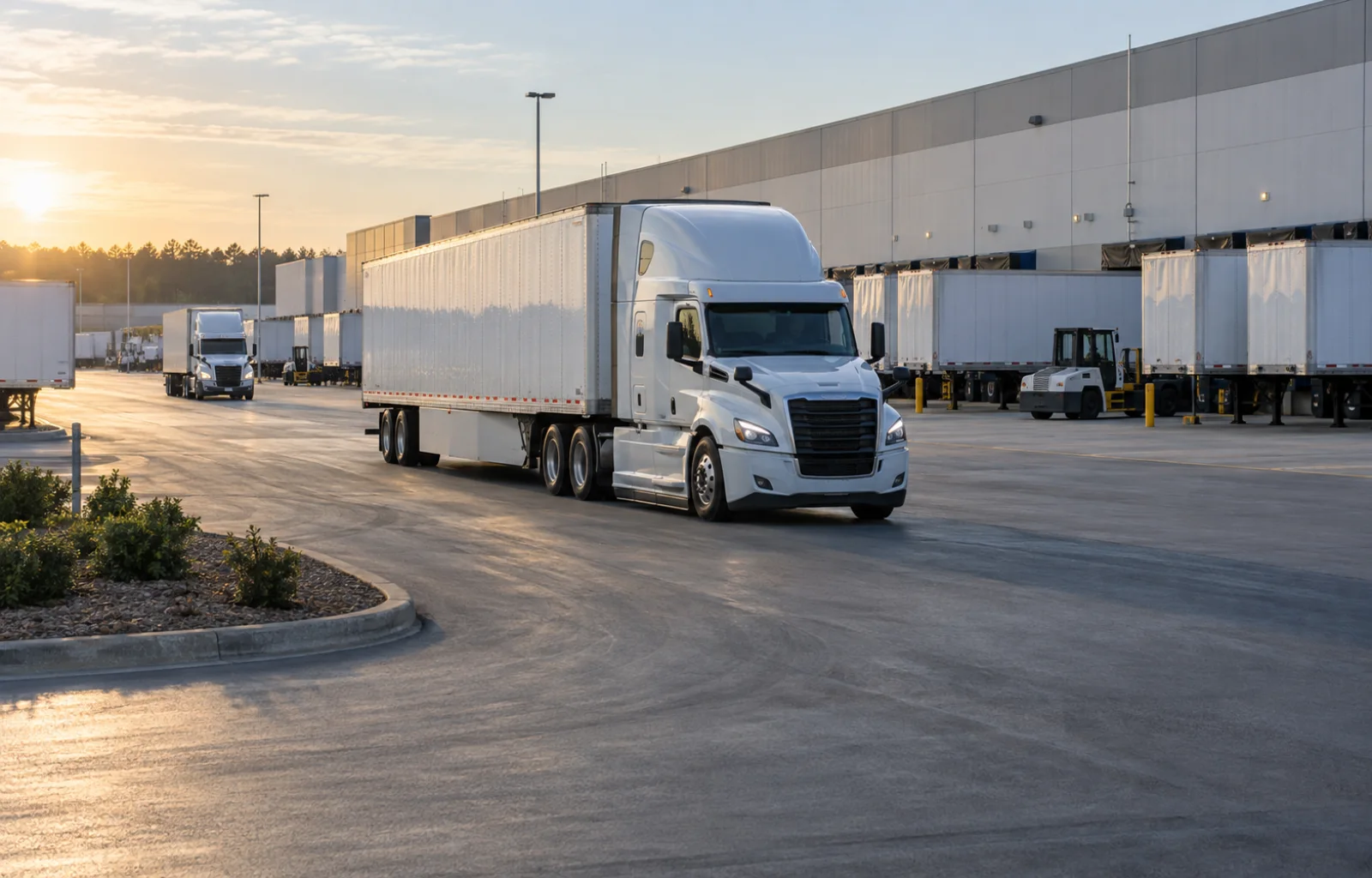 Unbranded tractor-trailers move through a large distribution-center yard in early morning light after a holiday weekend.