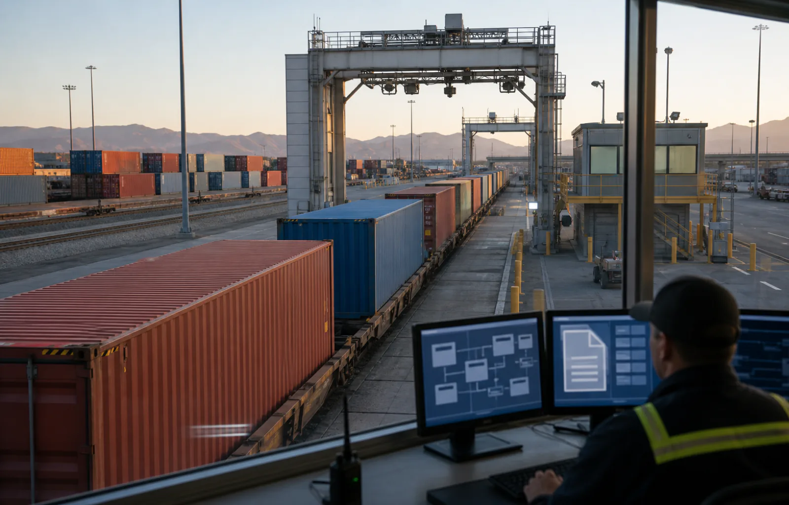 An unbranded intermodal freight train passes inspection gantries while an operator views abstract document and workflow graphics in a border rail control room.