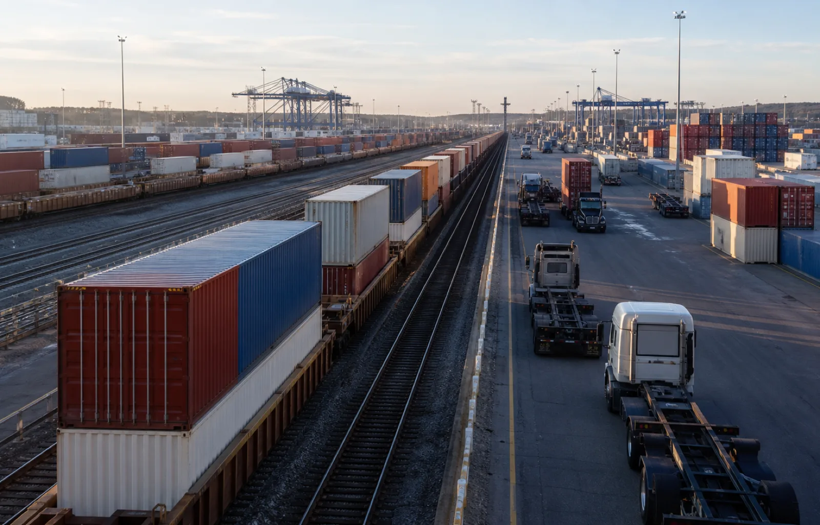 Double-stack trains and unbranded tractors share a large intermodal terminal in early morning light.