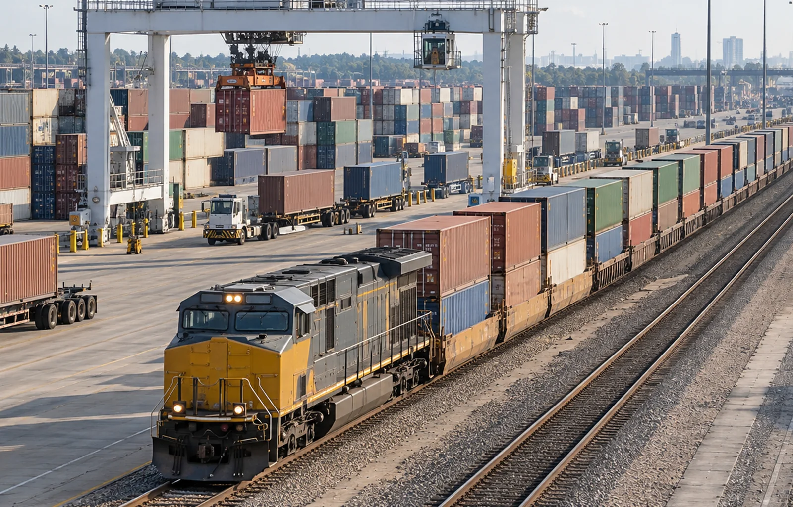 An unbranded intermodal train moves through an active container terminal beside several clear transfer tracks.