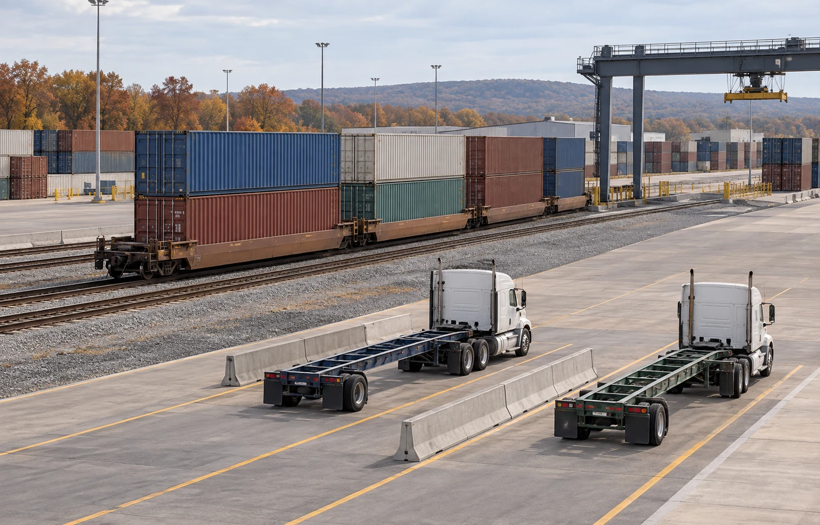Two unbranded tractors with empty container chassis are parked beside double-stack rail cars at an inland intermodal terminal.