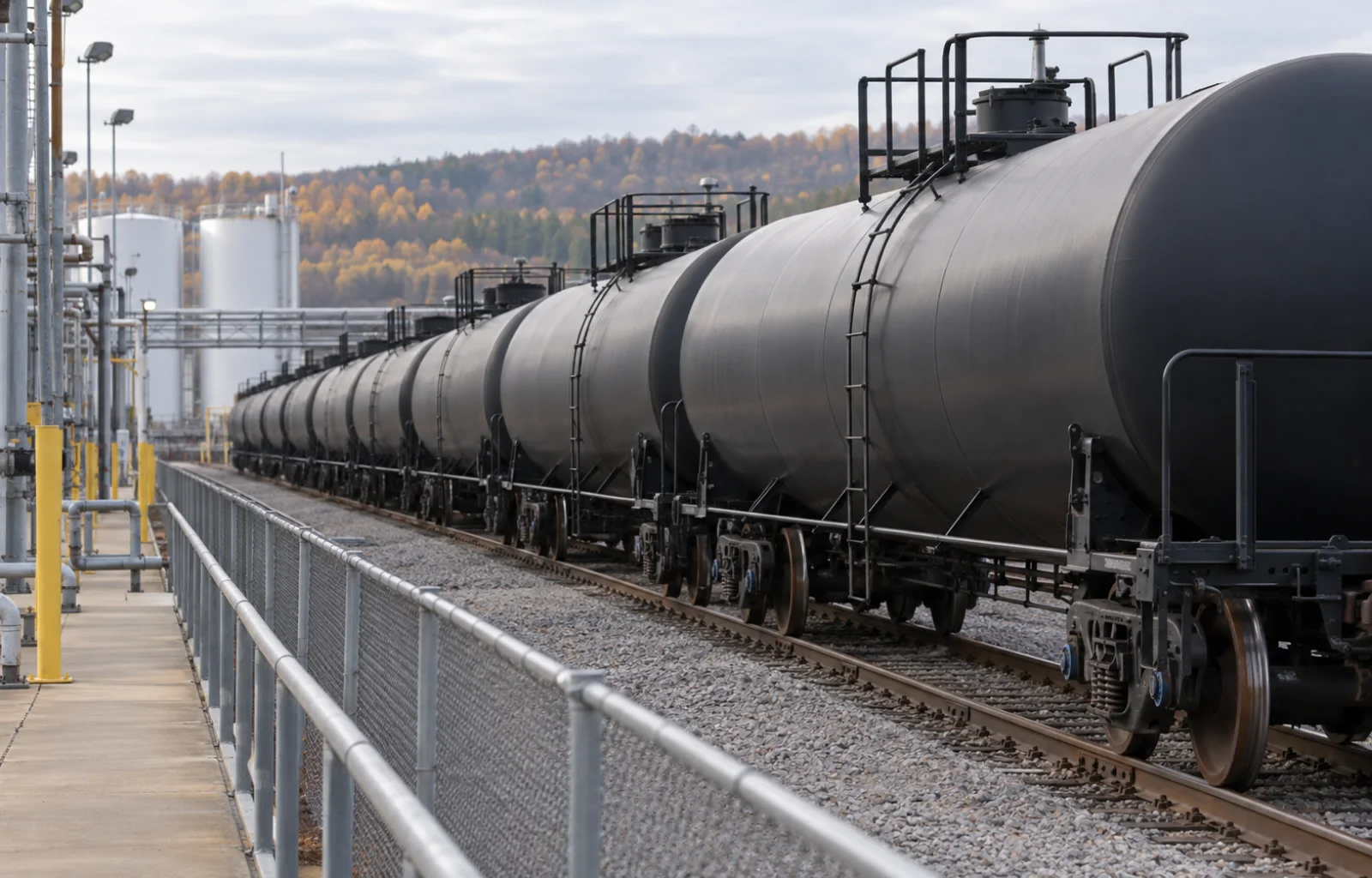 A stationary line of black railway tank cars stands beside a fenced walkway at a bulk-liquid terminal.