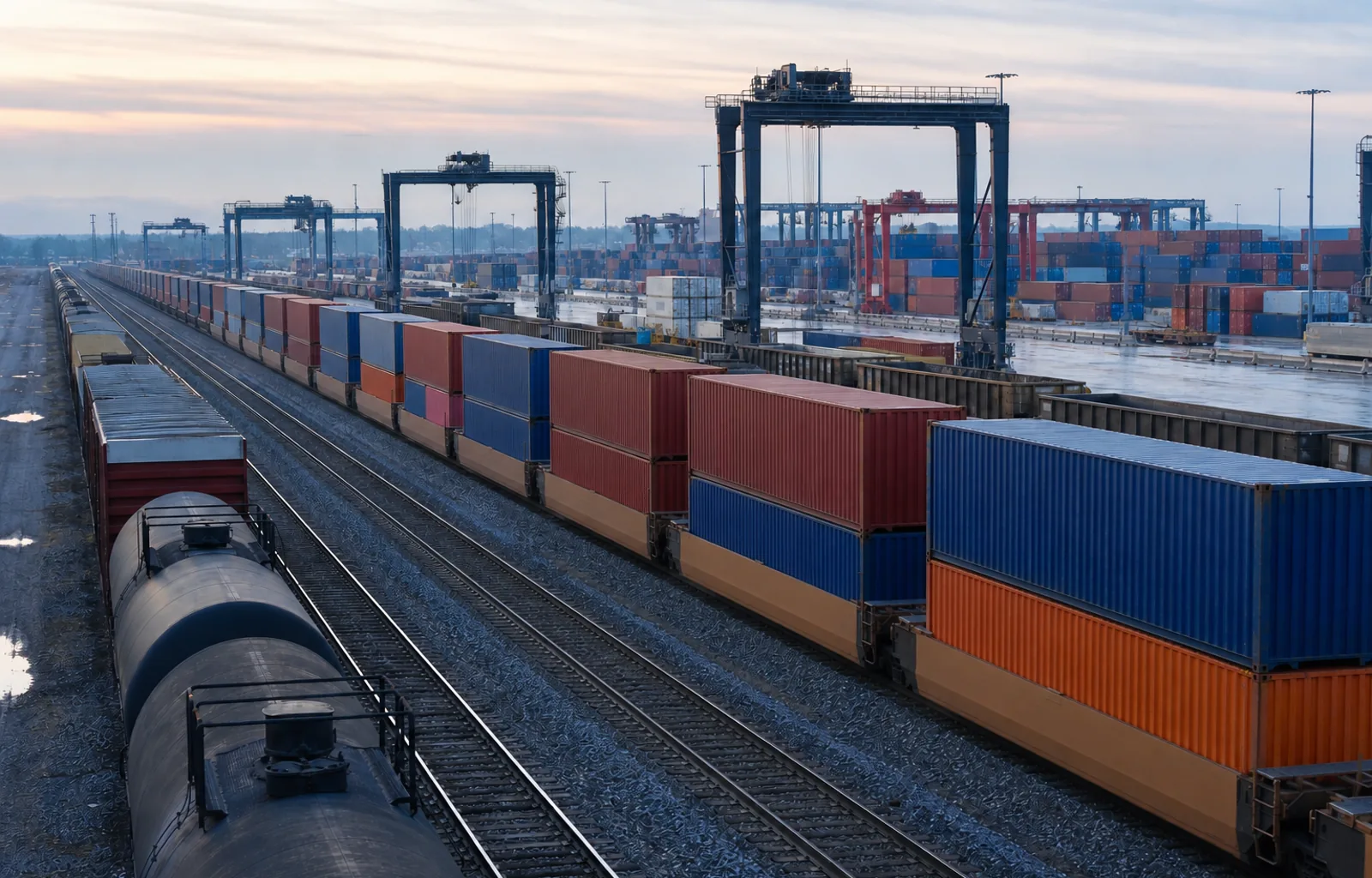 Unbranded double-stack and mixed freight trains move through an active inland rail terminal at dawn.