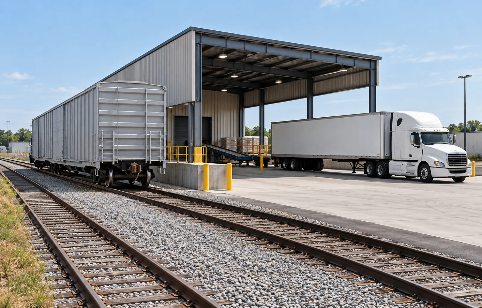 Conceptual illustration of a plain boxcar beside a covered transload warehouse, with a white tractor and dry van on a separate paved apron.
