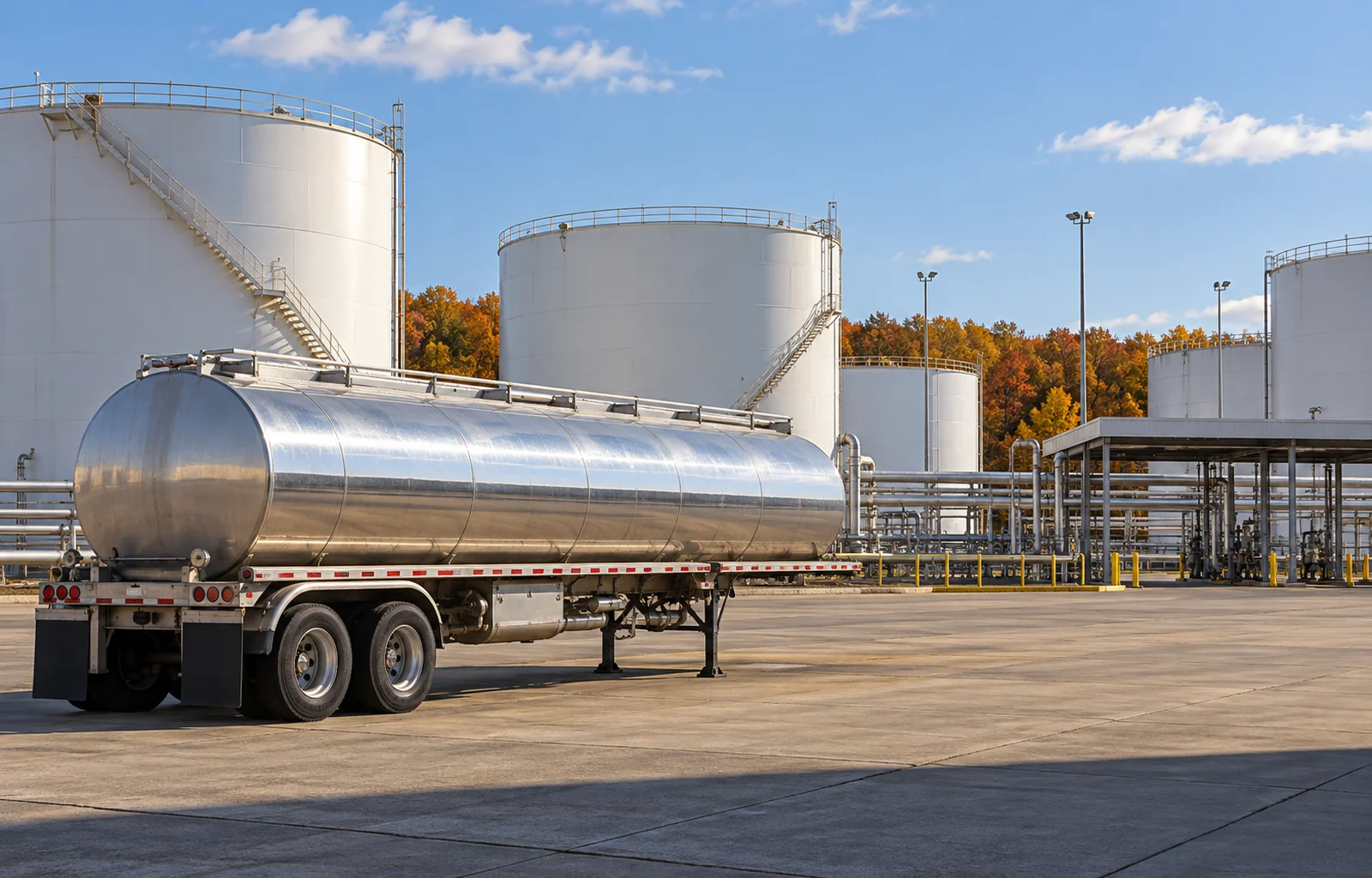 Conceptual illustration of an unbranded silver fuel tanker parked in a paved staging area beside white petroleum storage tanks.