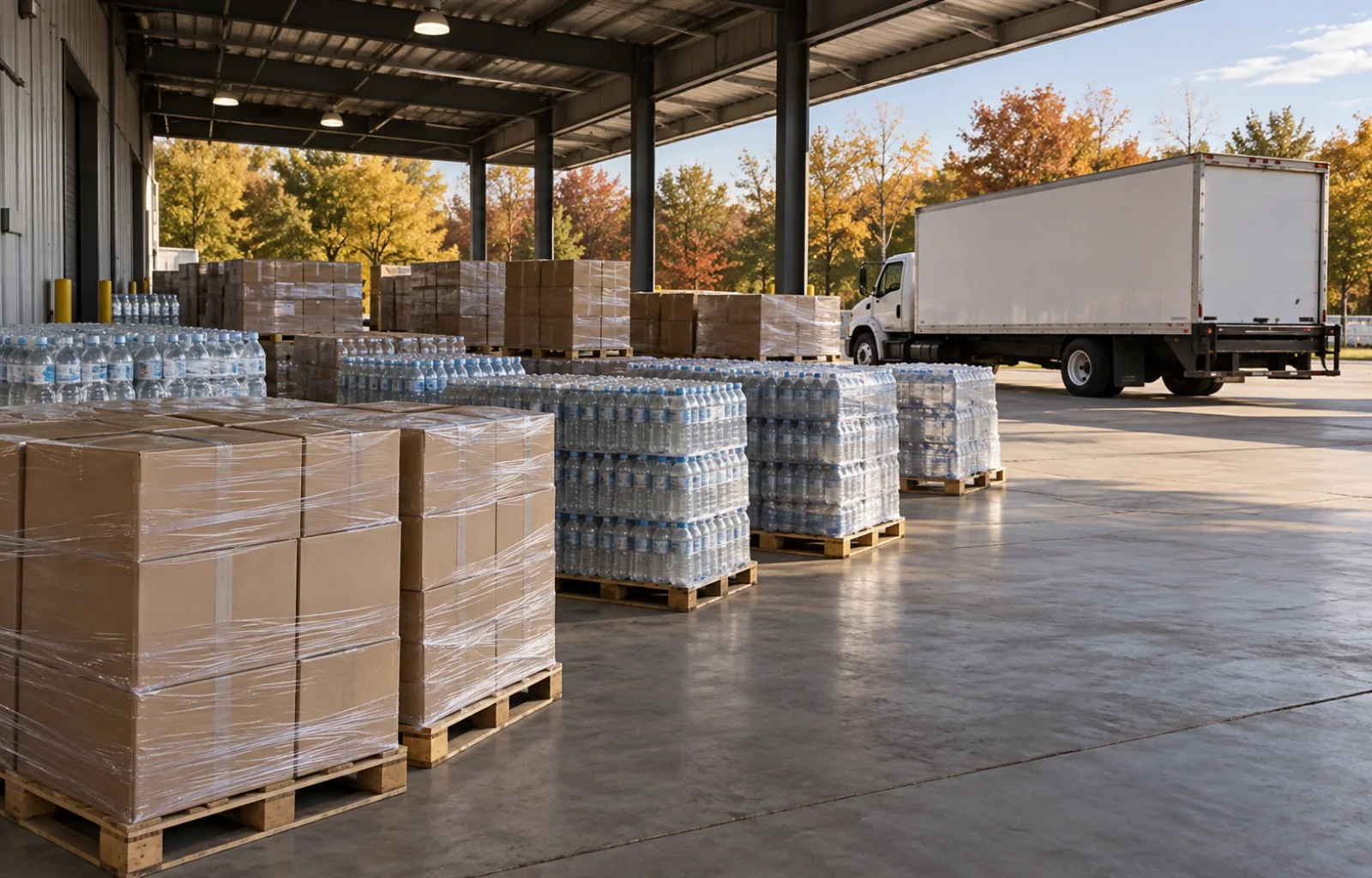 Wrapped pallets of emergency supplies wait in a covered loading area beside a parked unbranded box truck.