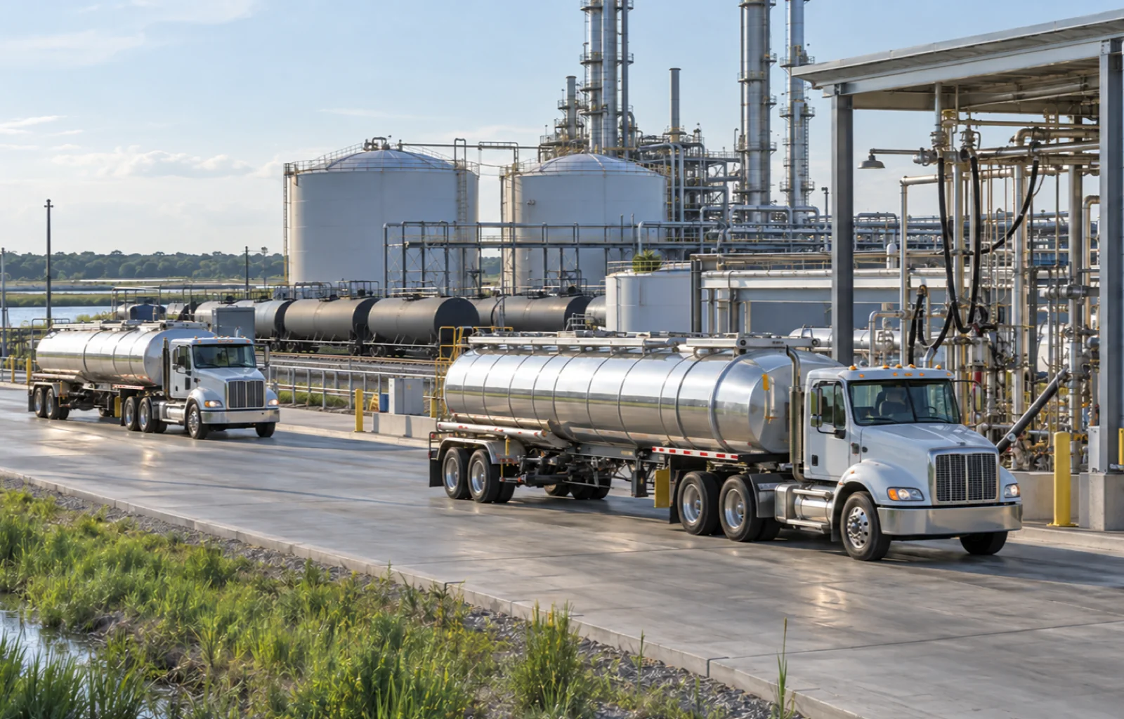 Two unbranded fuel tanker trucks move through a renewable-fuels plant with plain storage tanks, pipe racks and unmarked rail tank cars.
