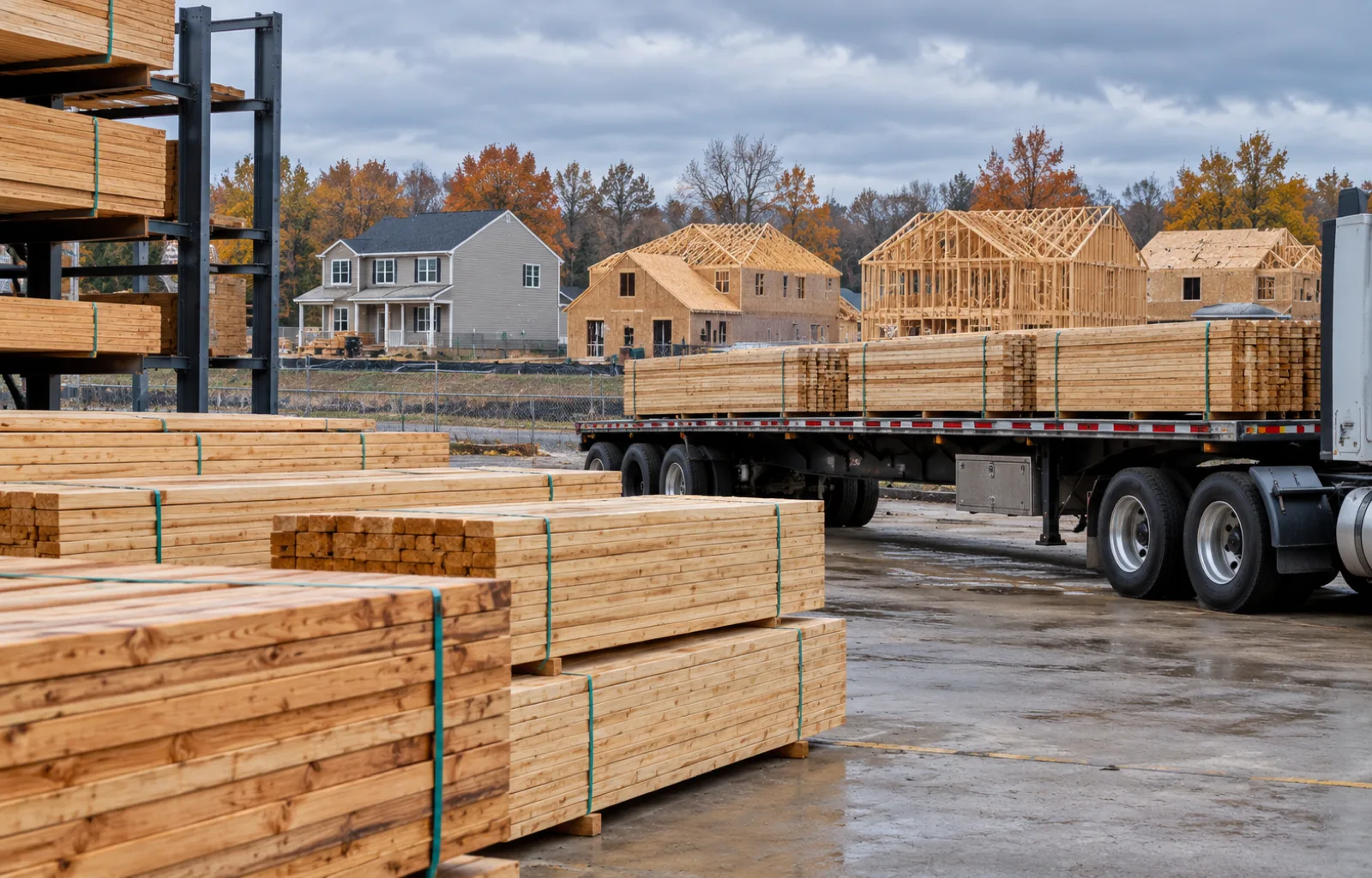 Conceptual illustration of bundled framing lumber and an unbranded flatbed trailer at a building-materials yard, with houses under construction in the background.