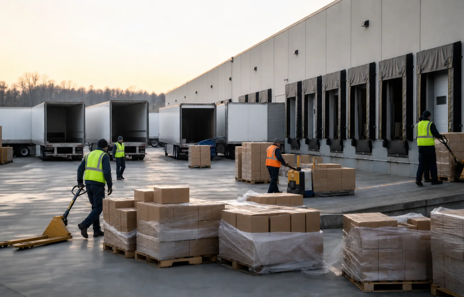 Warehouse crews move unmarked pallets beside a mix of active and quiet loading docks at a regional distribution center.