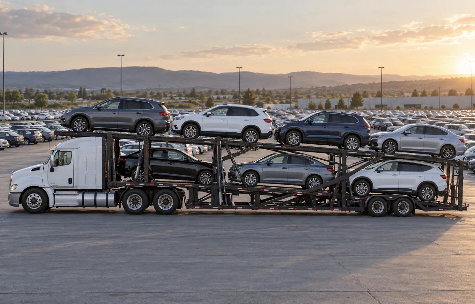 Illustrative unbranded automobile transporter loaded with passenger vehicles beside orderly rows of cars in a distribution yard at sunset.