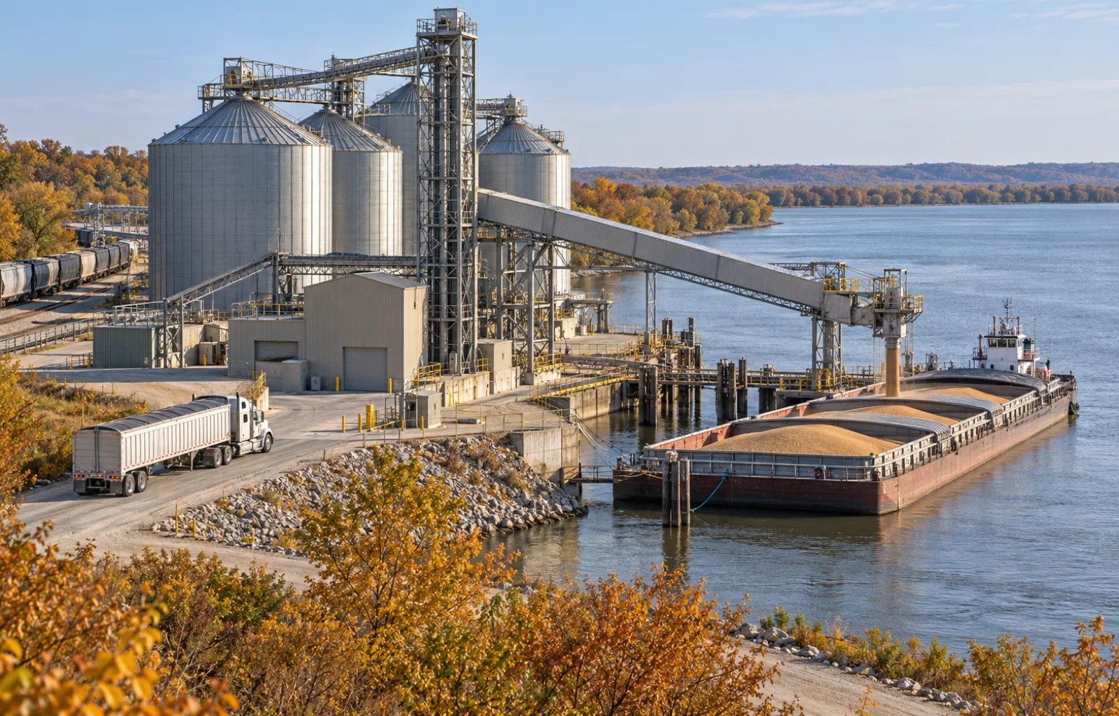 Conceptual illustration of a grain terminal with silos, a conveyor to a river barge and an unbranded grain truck on the landside approach.