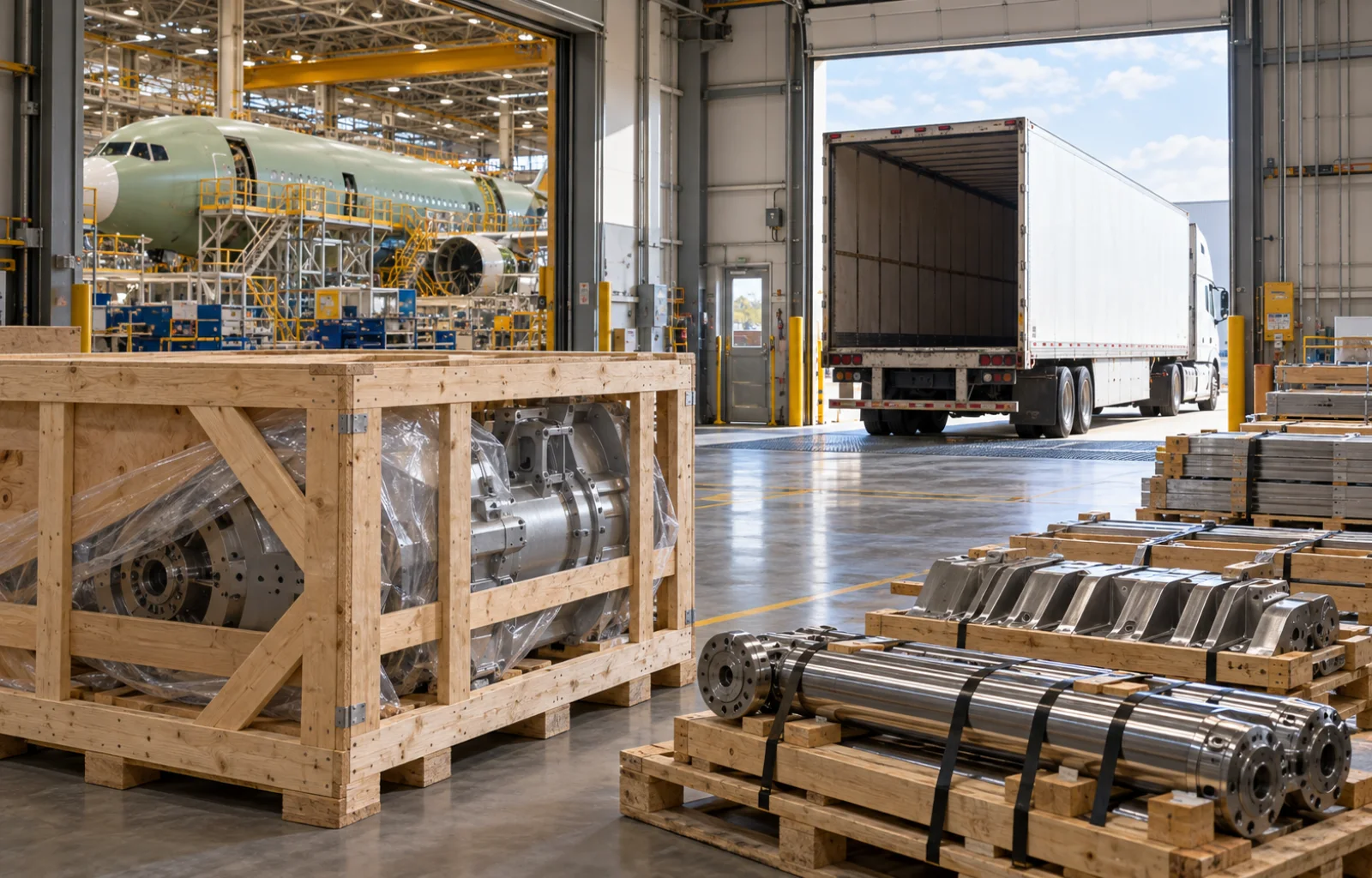 Conceptual factory illustration with crated industrial machinery beside a truck loading dock and an aircraft fuselage in a separate assembly hall.
