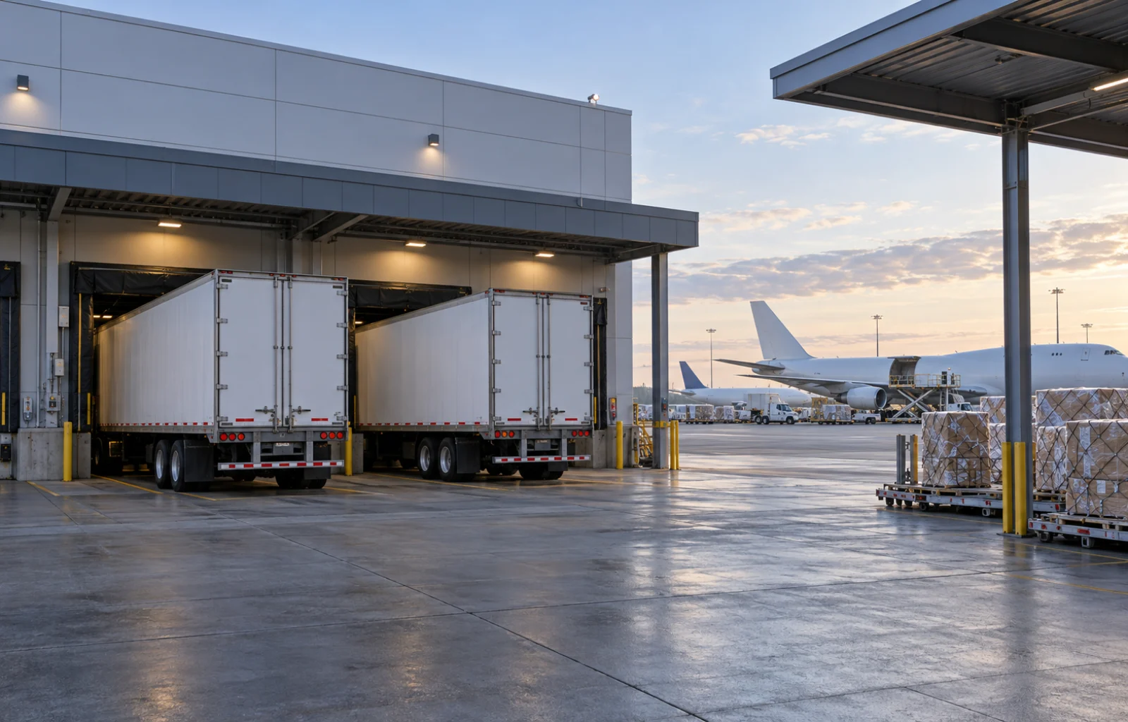 Conceptual editorial illustration of unbranded trucks at an airport cargo warehouse with a cargo aircraft beyond the terminal.