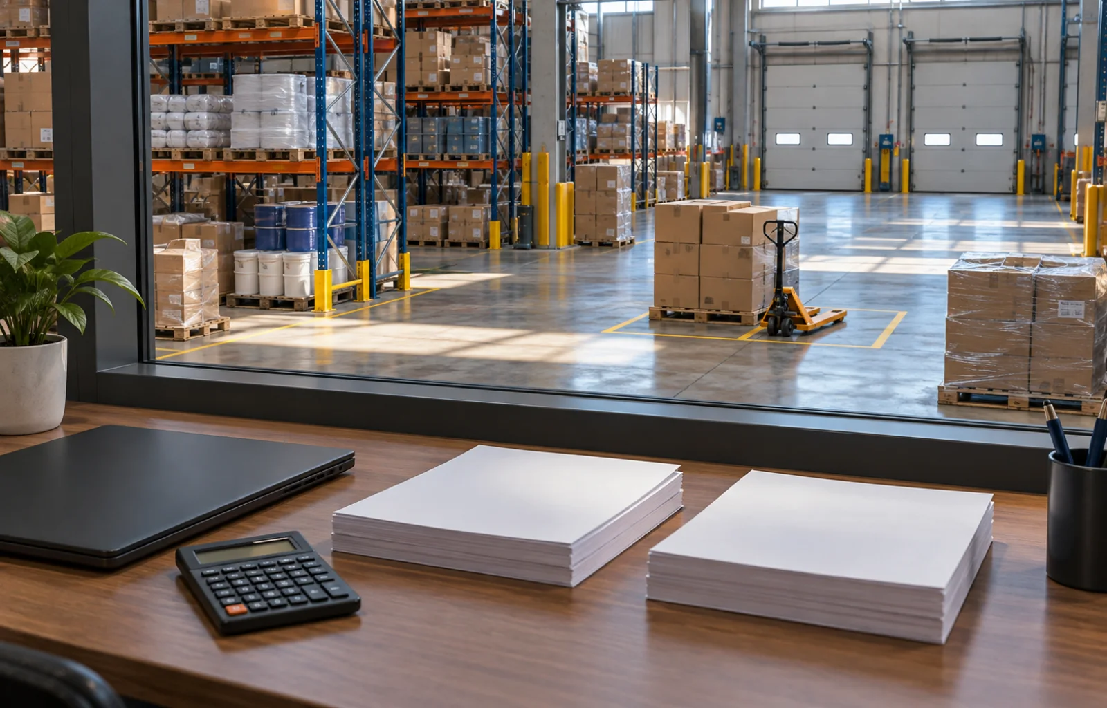 Conceptual illustration of a wholesale warehouse with palletized goods and closed loading docks, viewed from an office desk with blank reports and a calculator.