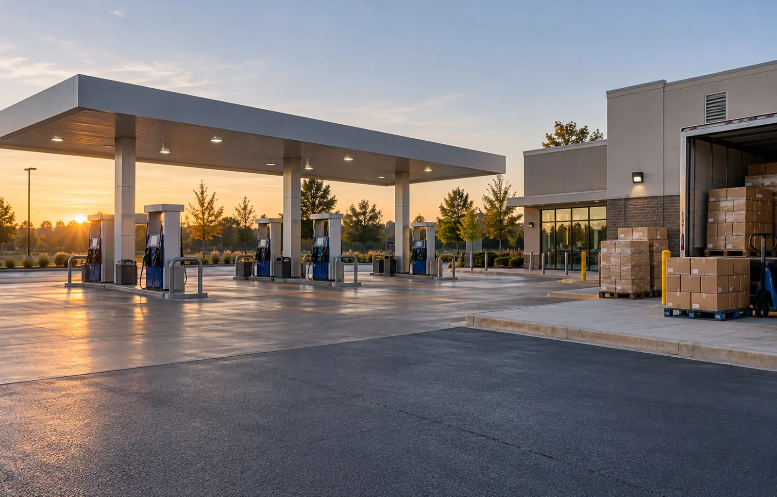 Conceptual illustration of an unbranded gasoline station beside a retail delivery area with plain cartons in early morning light.