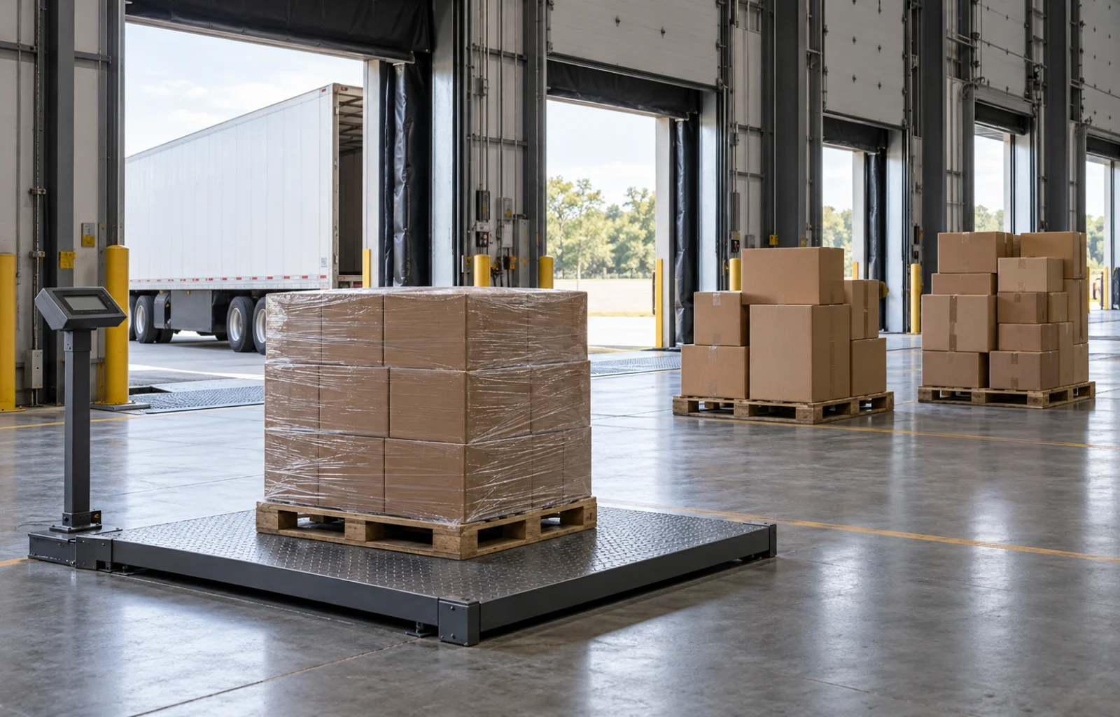 Conceptual cross-dock illustration with a wrapped pallet on a floor scale, other carton pallets and a plain white trailer at an open dock.