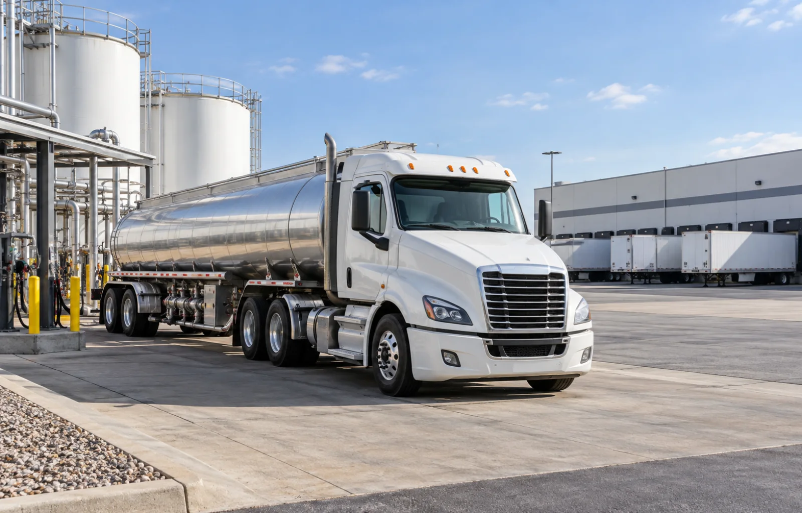 Conceptual editorial illustration of an unbranded fuel tanker at a distribution terminal with warehouse trailers in the distance.