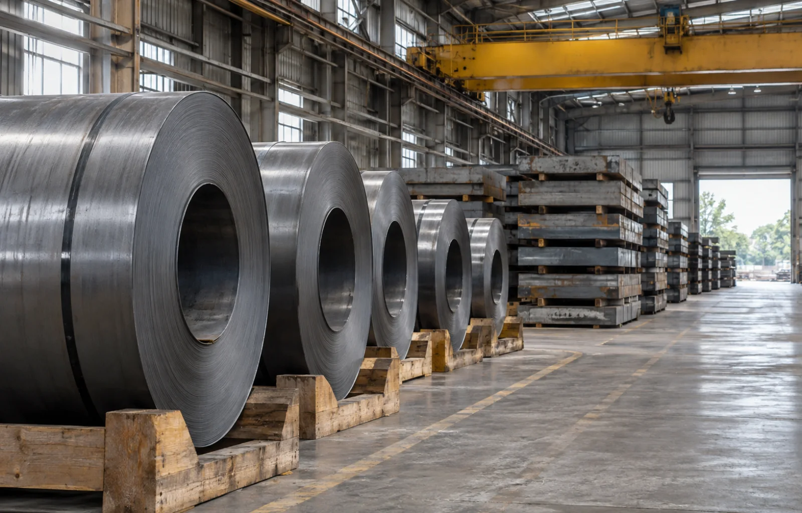 Steel coils rest in timber cradles beside stacked rectangular slabs in an unbranded steel warehouse.