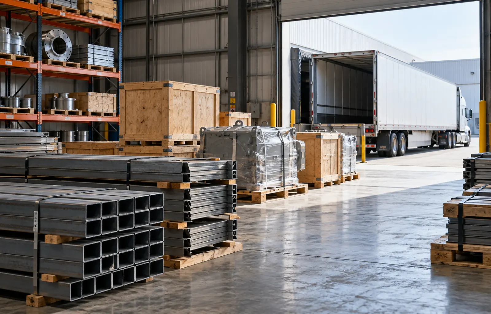 Conceptual editorial illustration of bundled steel and crated industrial components inside a warehouse with an unbranded trailer at the loading bay.