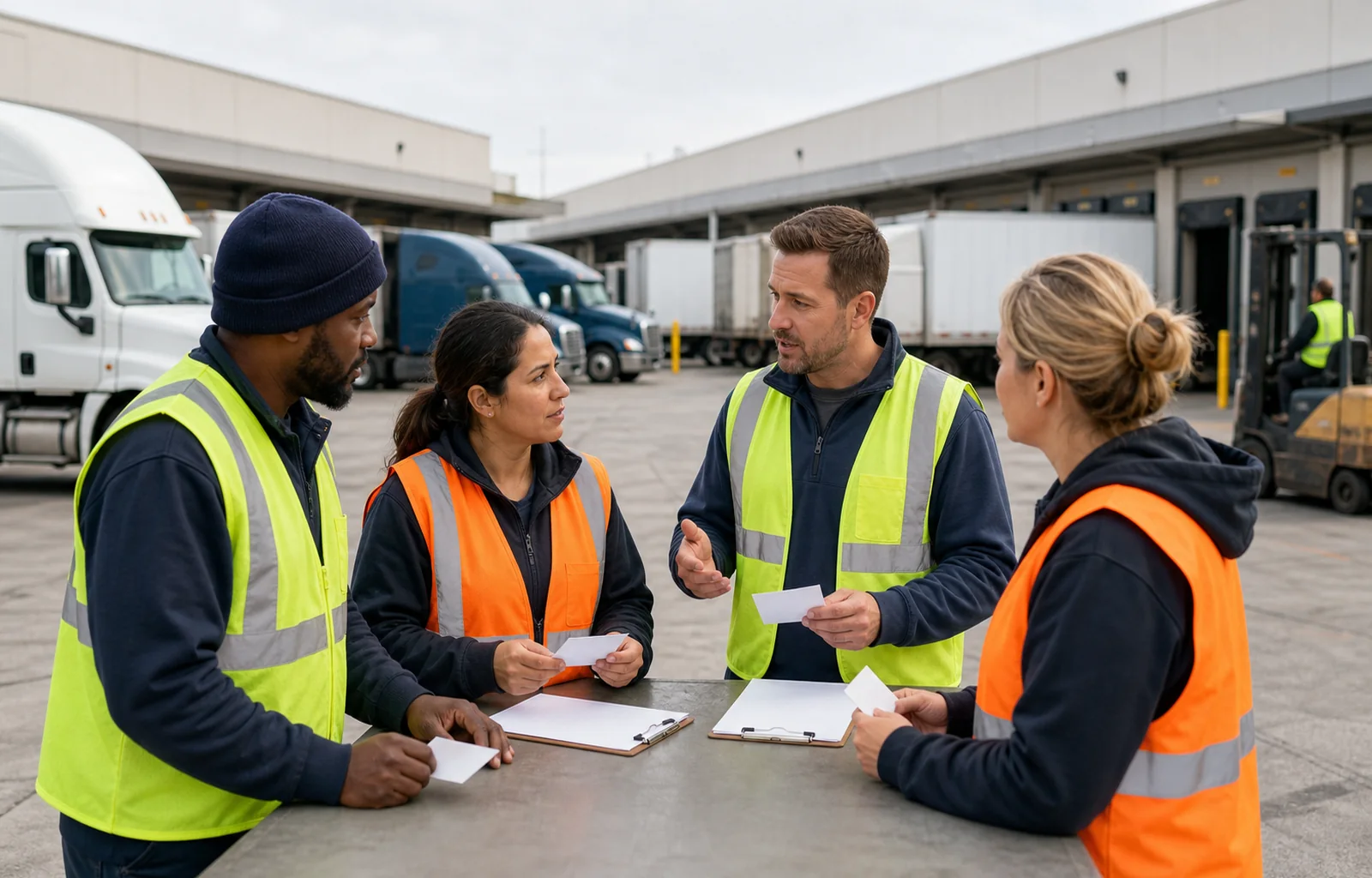 Four unbranded freight-terminal workers review blank staffing cards and clipboards beside tractors and warehouse docks.