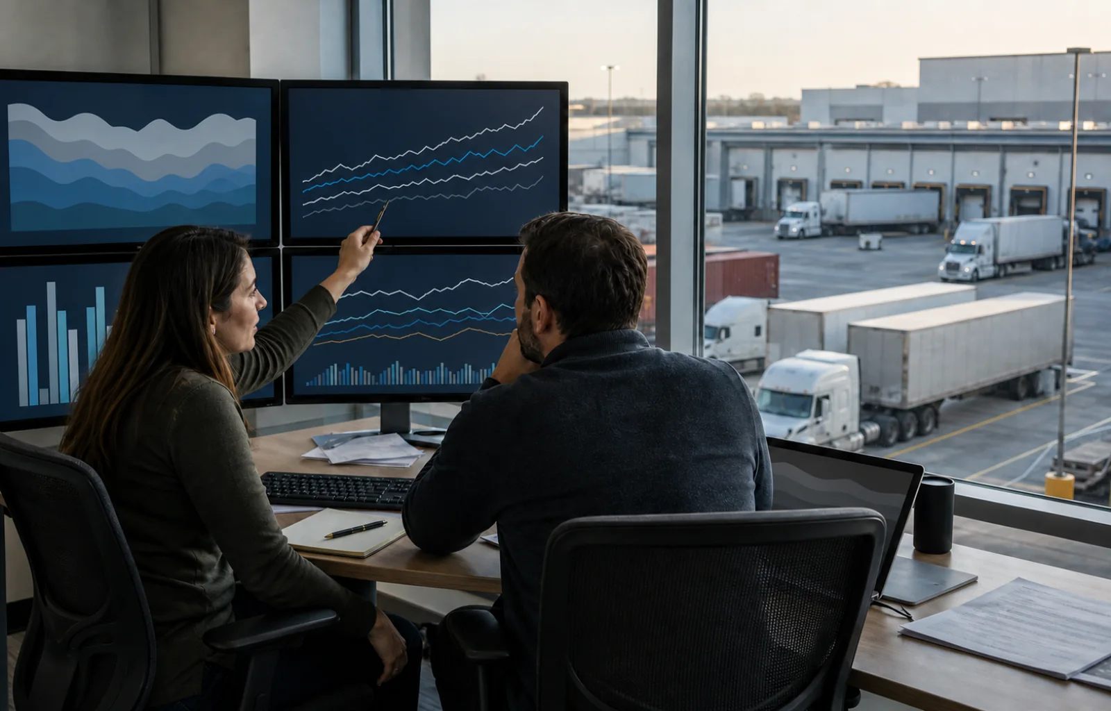 Two transportation labor analysts compare unlabeled workforce trend charts in an operations office overlooking a busy freight terminal.