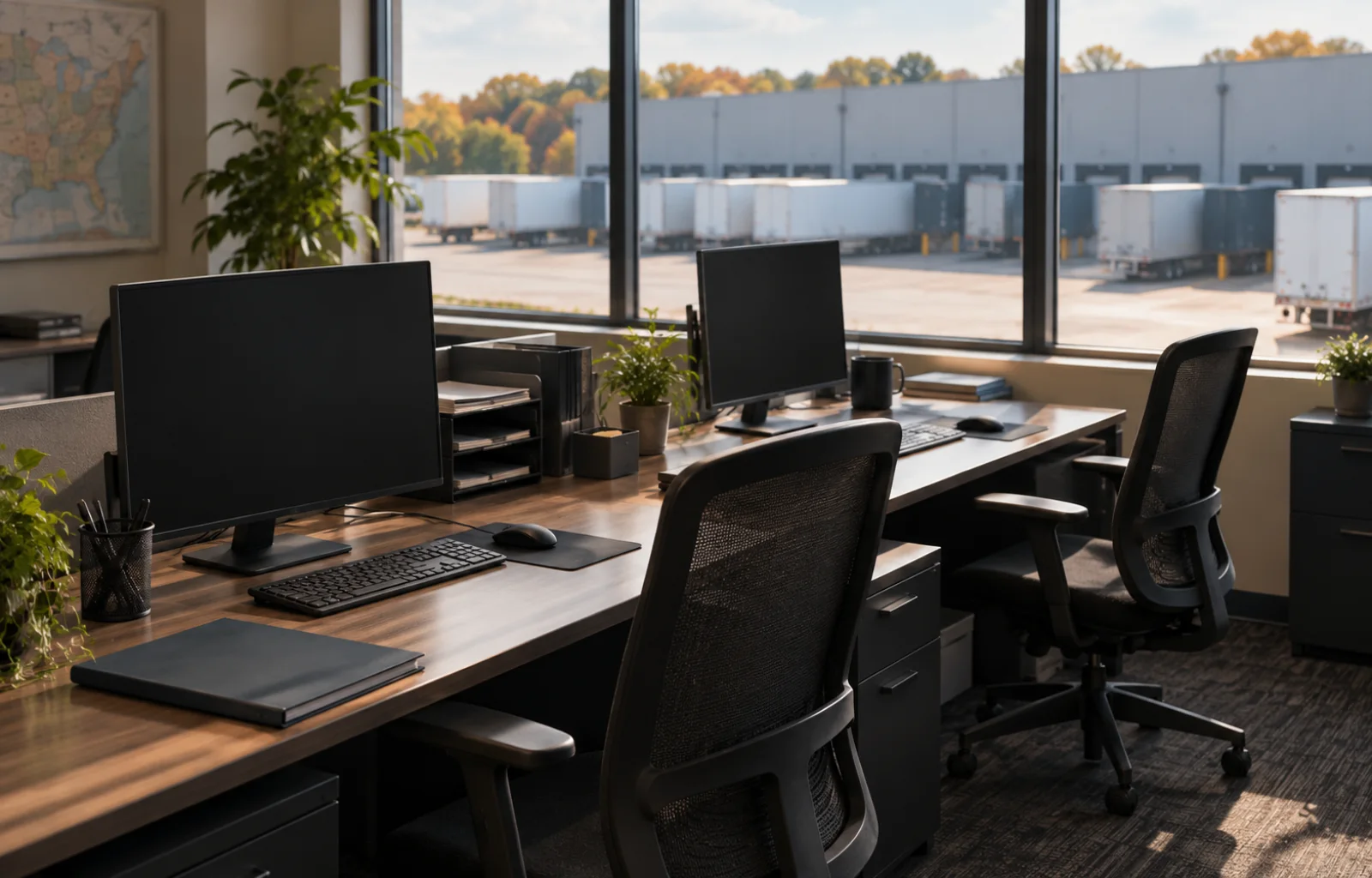 Illustrative empty freight-dispatch workstations with dark monitors and office chairs overlooking unbranded warehouse docks and trailers.