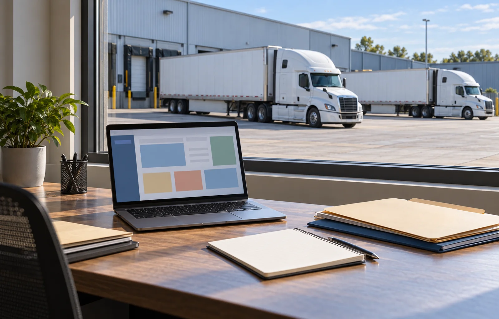 Conceptual illustration of a dispatch desk with a laptop and document folders overlooking unbranded tractor trailers in a warehouse staging yard.