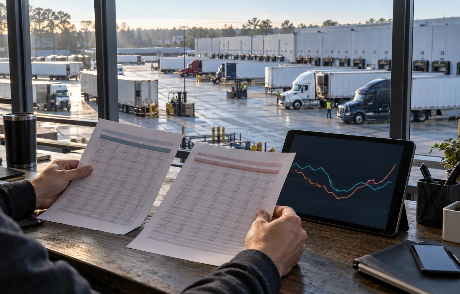 An analyst compares two unlabeled freight-pricing sheets at a desk overlooking an unbranded cross-dock terminal.