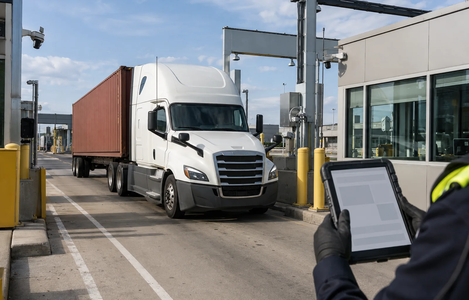 An unbranded container truck approaches a land-border inspection booth as an officer reviews a blank tablet interface.