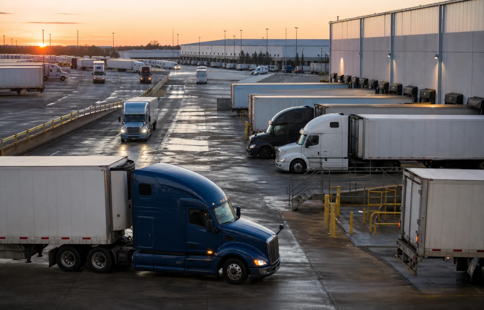 Unbranded tractors and trailers move through a large freight distribution yard at sunrise.