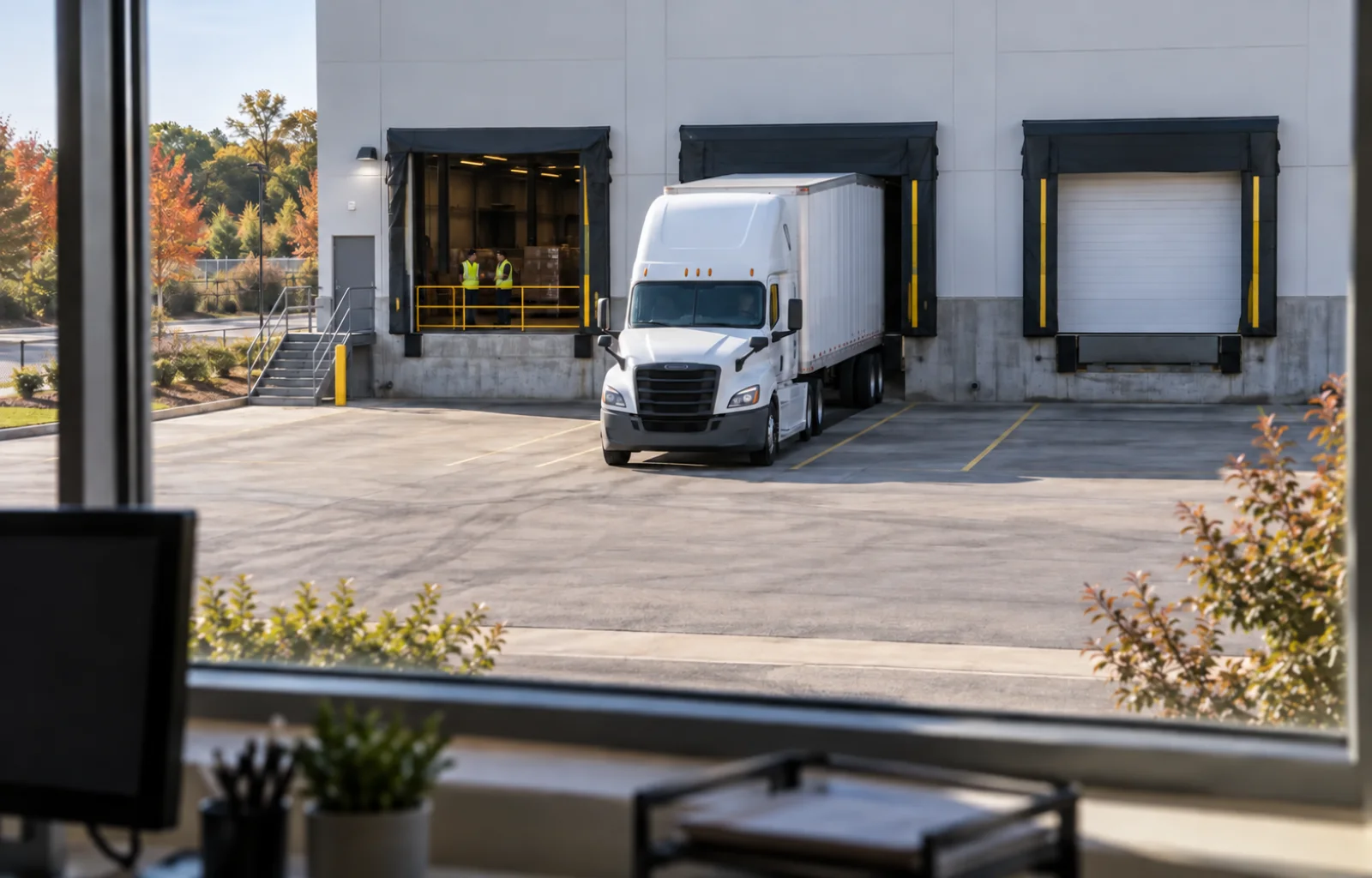 Illustrative view through an office window of a plain white tractor-trailer at a distribution-center dock and two workers behind a loading-bay safety barrier.