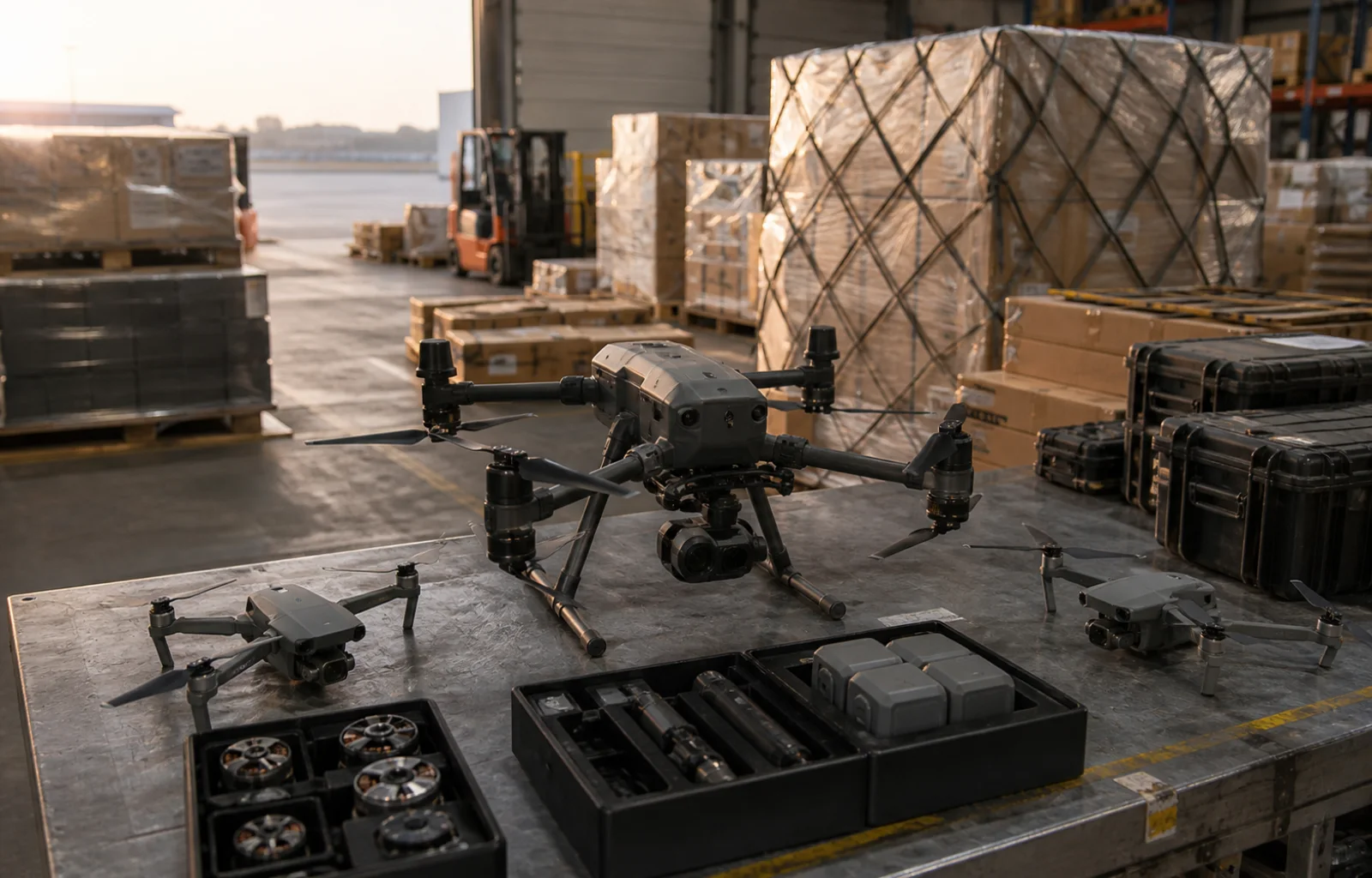 Unbranded commercial drones and boxed components move through a secure air-cargo warehouse inspection area.