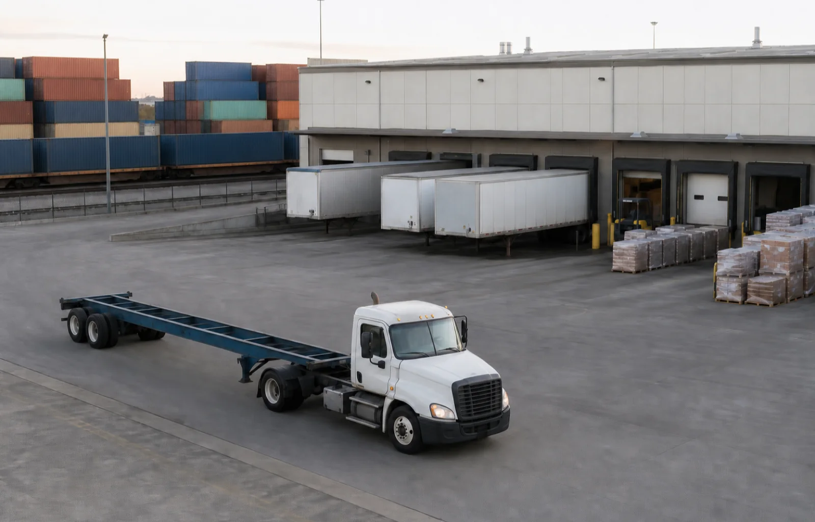 An unbranded day-cab and empty intermodal chassis pass a cross-dock while containers sit beside the warehouse.