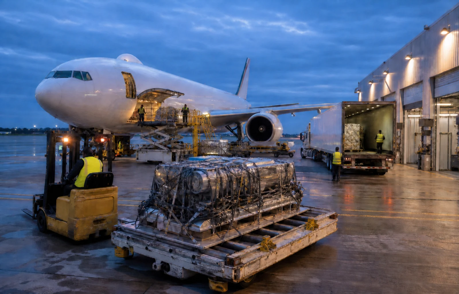 An unbranded cargo aircraft transfers palletized industrial equipment beside plain trailers and a freight warehouse at blue hour.