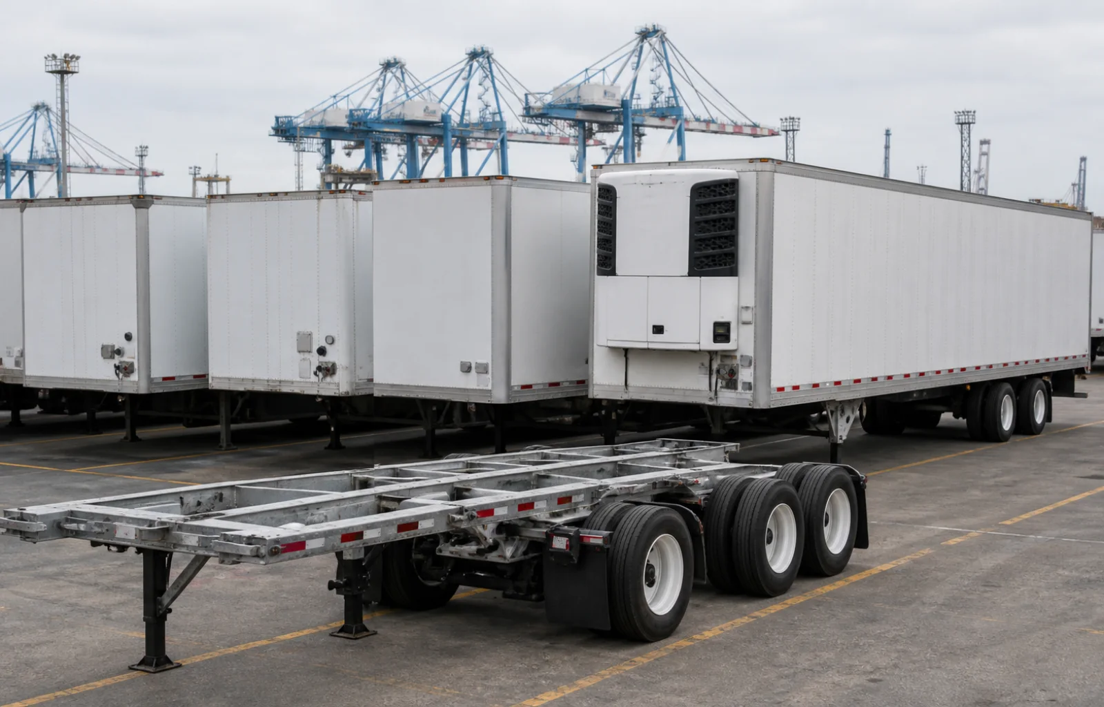 Unbranded dry-van and refrigerated trailers stand behind an unfinished trailer frame in a marine cargo terminal equipment yard.
