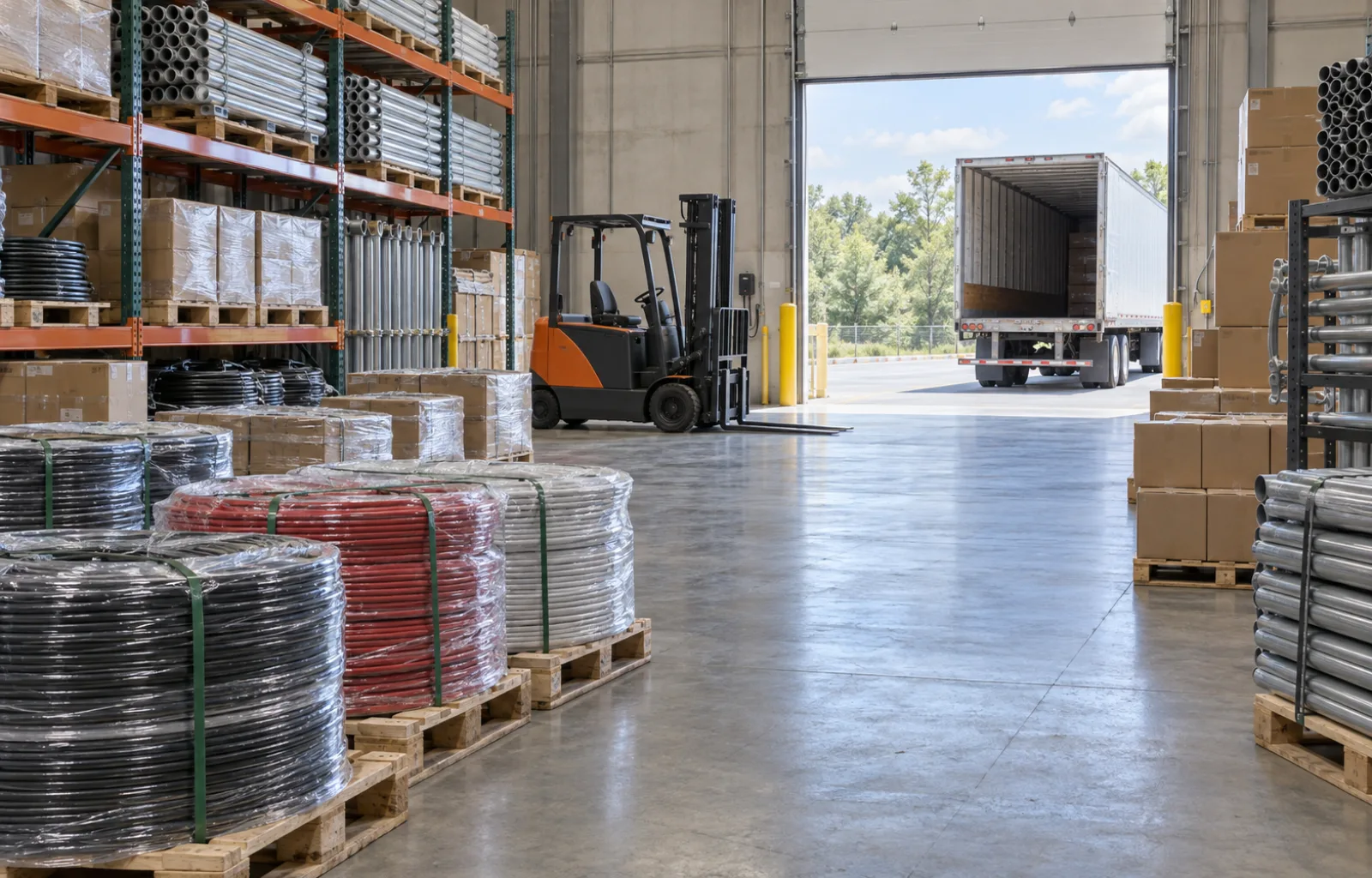 Palletized cable coils and cartons sit in an electrical-equipment warehouse beside a parked forklift and an open trailer dock.