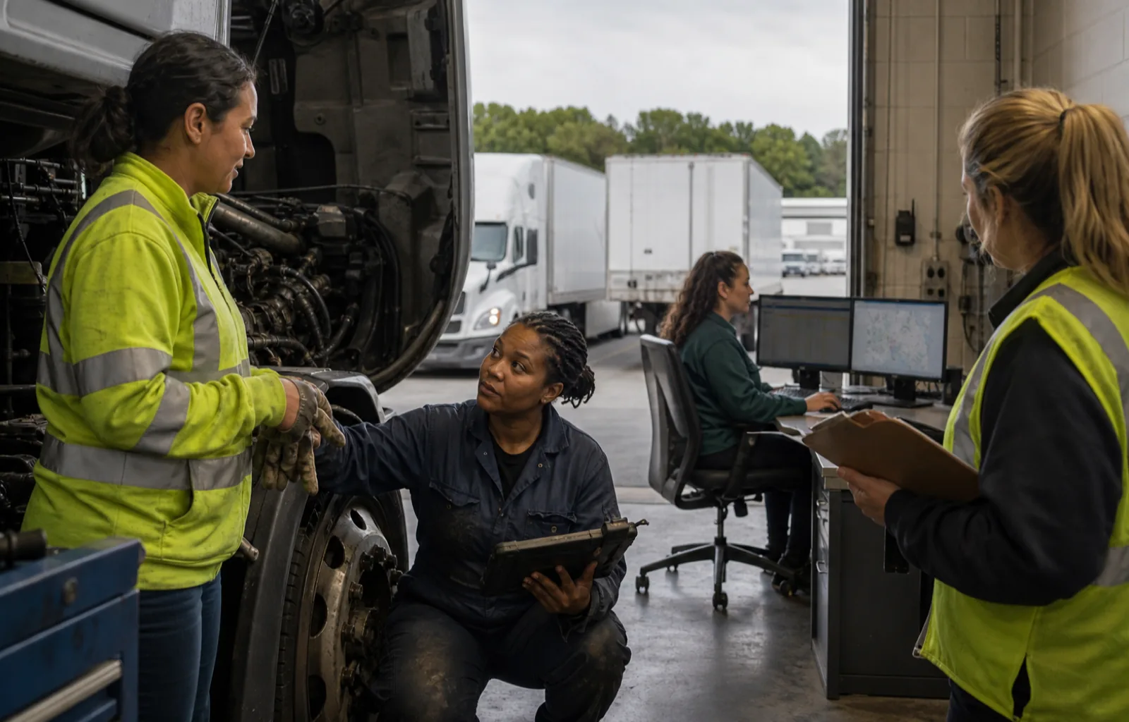 Women working as a driver, diesel technician, dispatcher and safety supervisor coordinate beside an unbranded tractor in a fleet terminal.